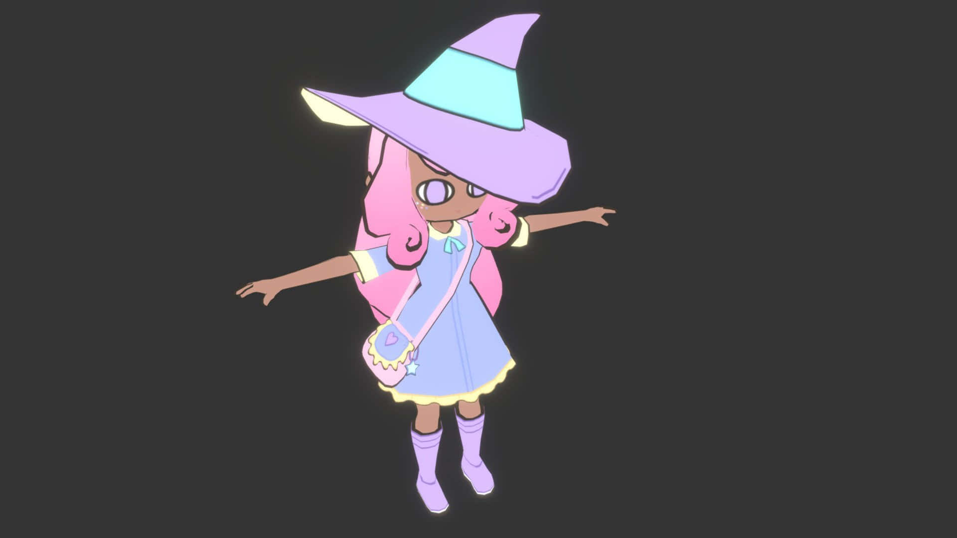 pastel goth 桌布 壁紙 — 一個發光的動漫女巫，粉紅色頭髮和紫色帽子，漂浮在黑暗背景上。