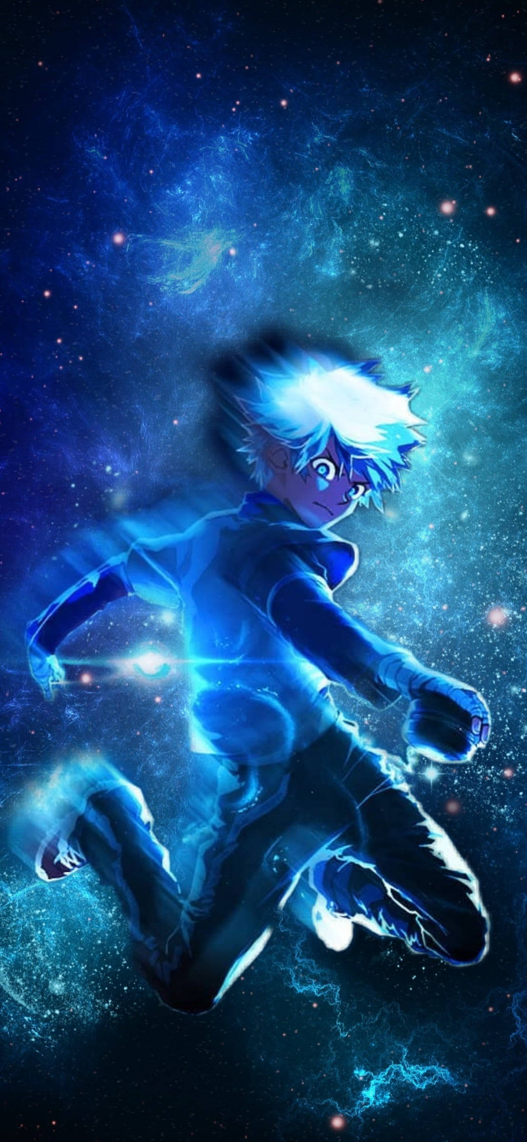 獵人 桌布 壁紙 — 一個發光的動漫男孩，有著尖刺的白髮，奔跑在充滿星星和電光藍能量的生動宇宙星雲中。