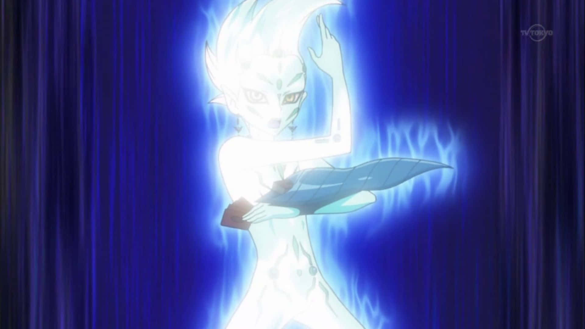Yu-gi-oh Astral 桌布 壁紙 — 一個發光的動漫角色，白髮藍色光環，站在深藍色窗簾背景前。