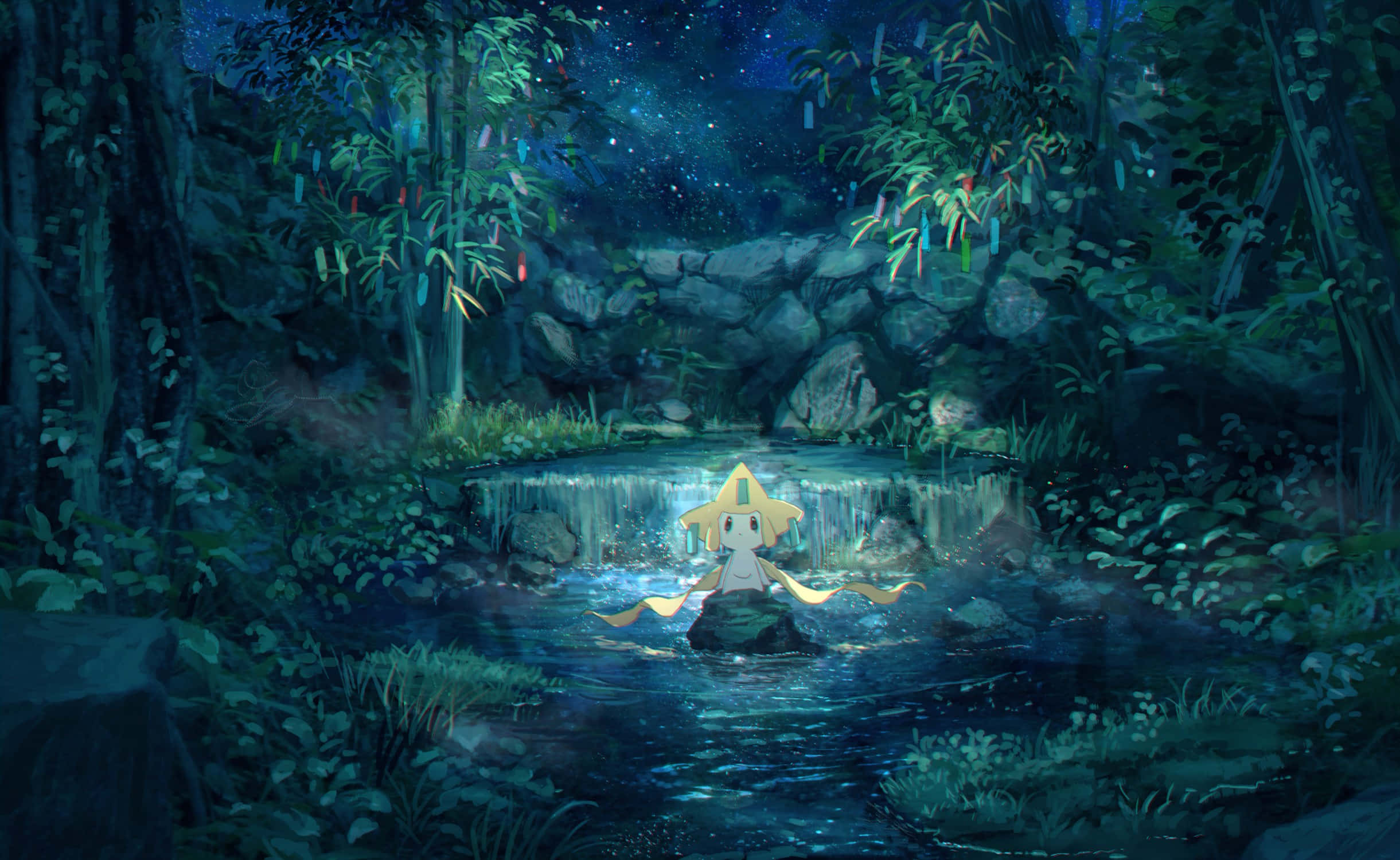 The Forest Nymph Jirachi Pokemon Aesthetic 壁紙 — 一個發光的動漫角色在月光下的森林溪流中平靜地坐著，頭上是繁星點點的夜空。