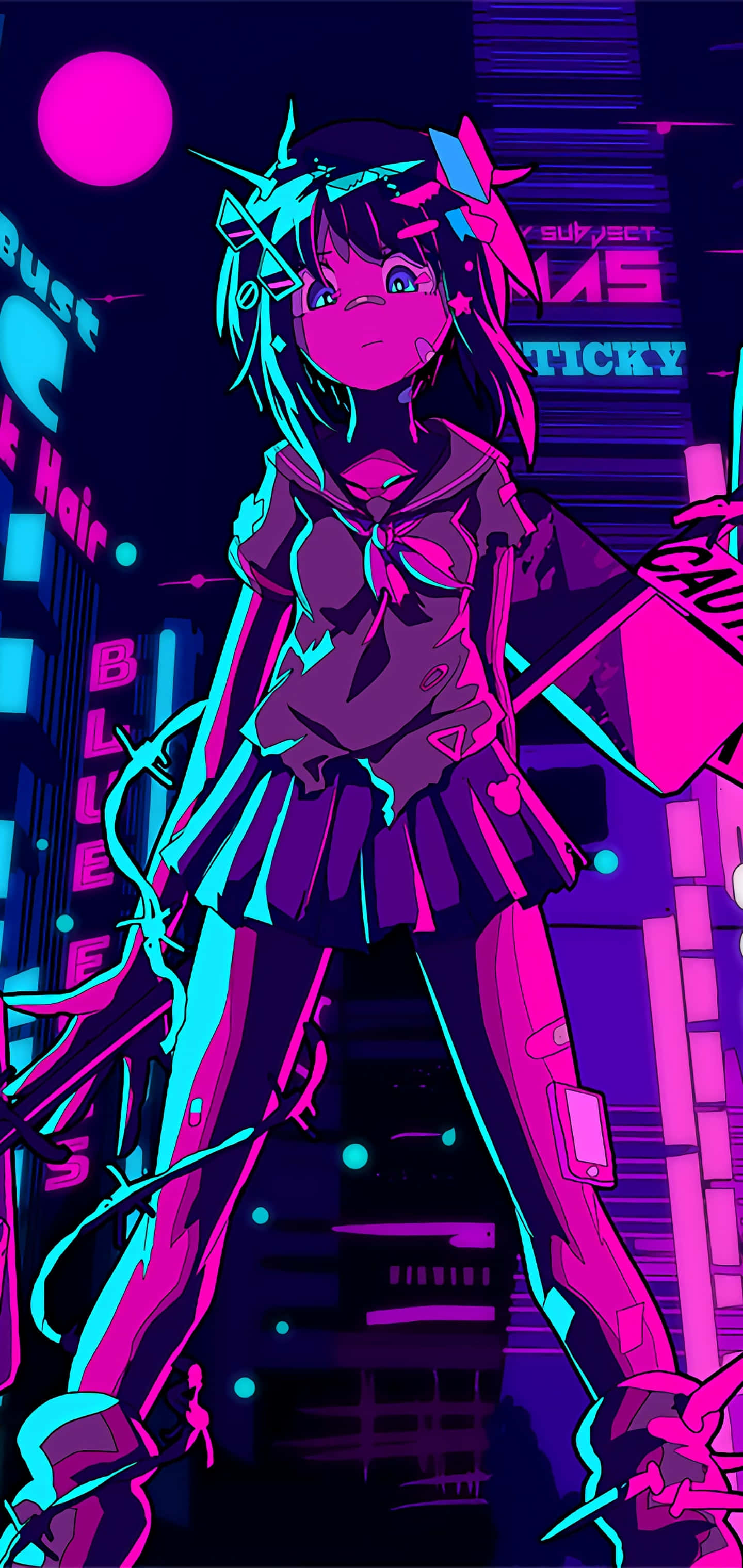 Kawaii Art 桌布 壁紙 — 一個發光的動畫女學生穿著校服，站在粉紅色月亮下充滿霓虹的賽博龐克城市景觀中。