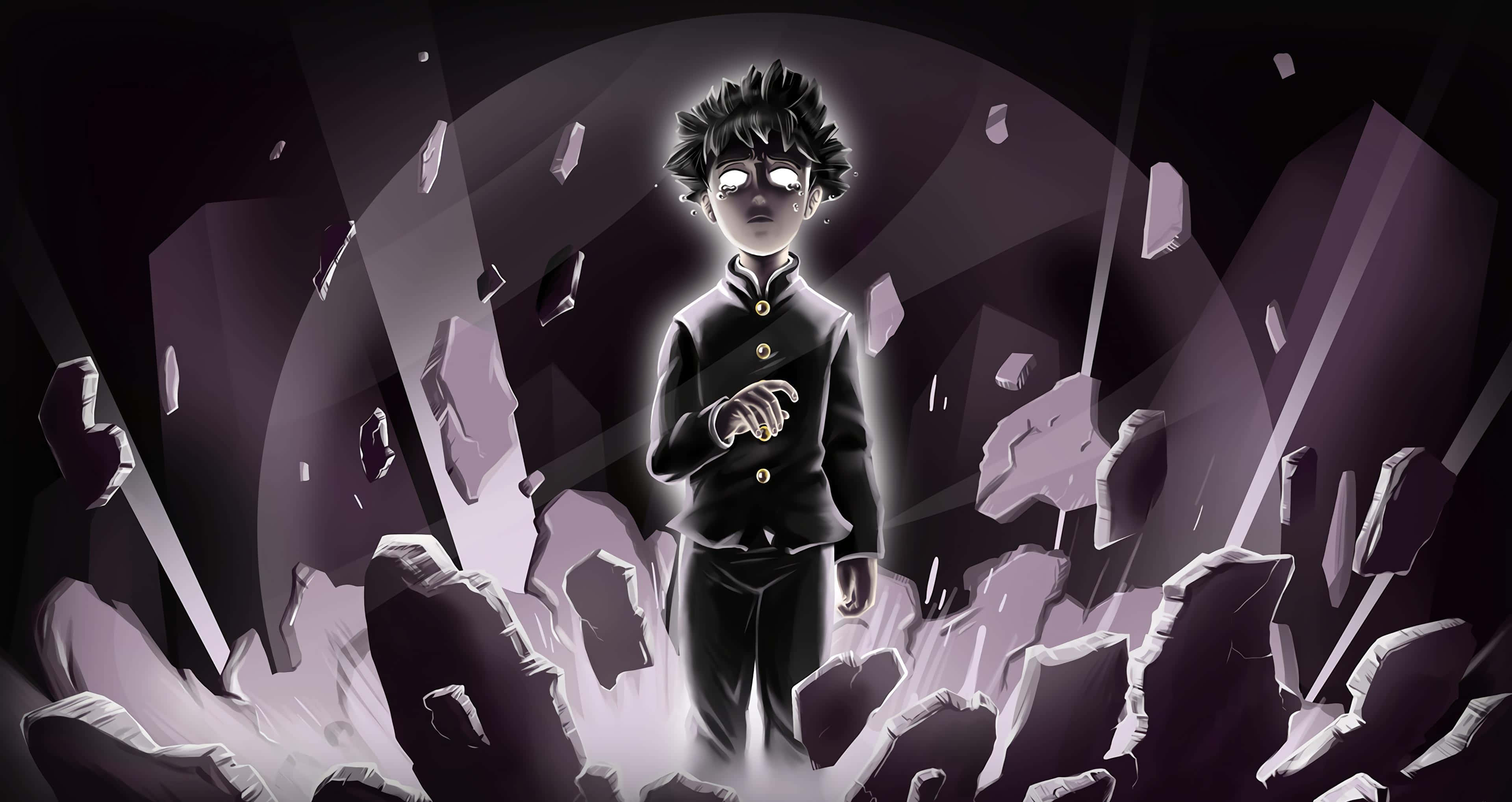 Shigeo Kageyama 桌布 壁紙 — 一個發光的動畫男孩穿著黑色制服，站在黑暗圓形燈光下漂浮的紫色碎片中。
