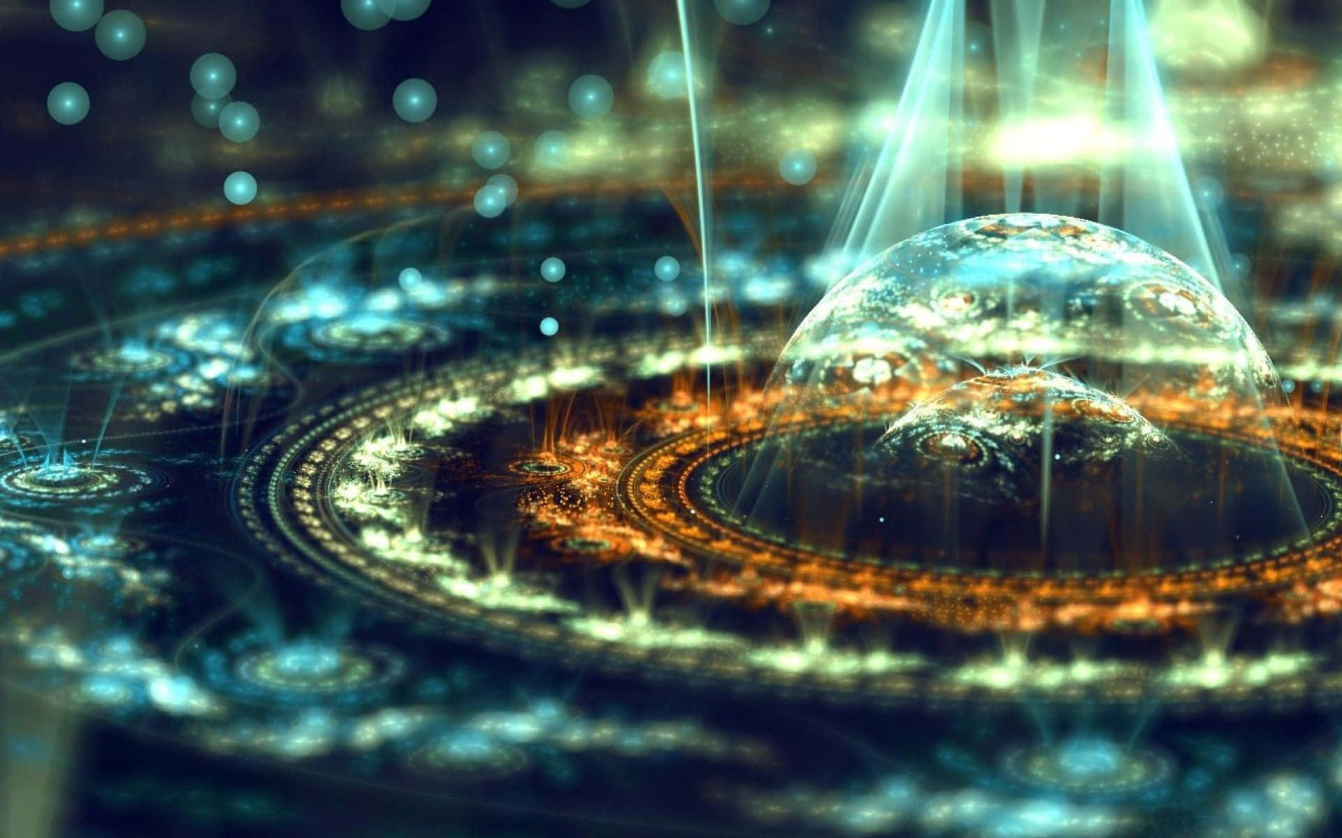 碎形動畫 桌布 壁紙 — 一個發光的半透明球體，在宇宙環境中，位於精緻的金色環圈之上，周圍漂浮著球體和光芒四射的光束。