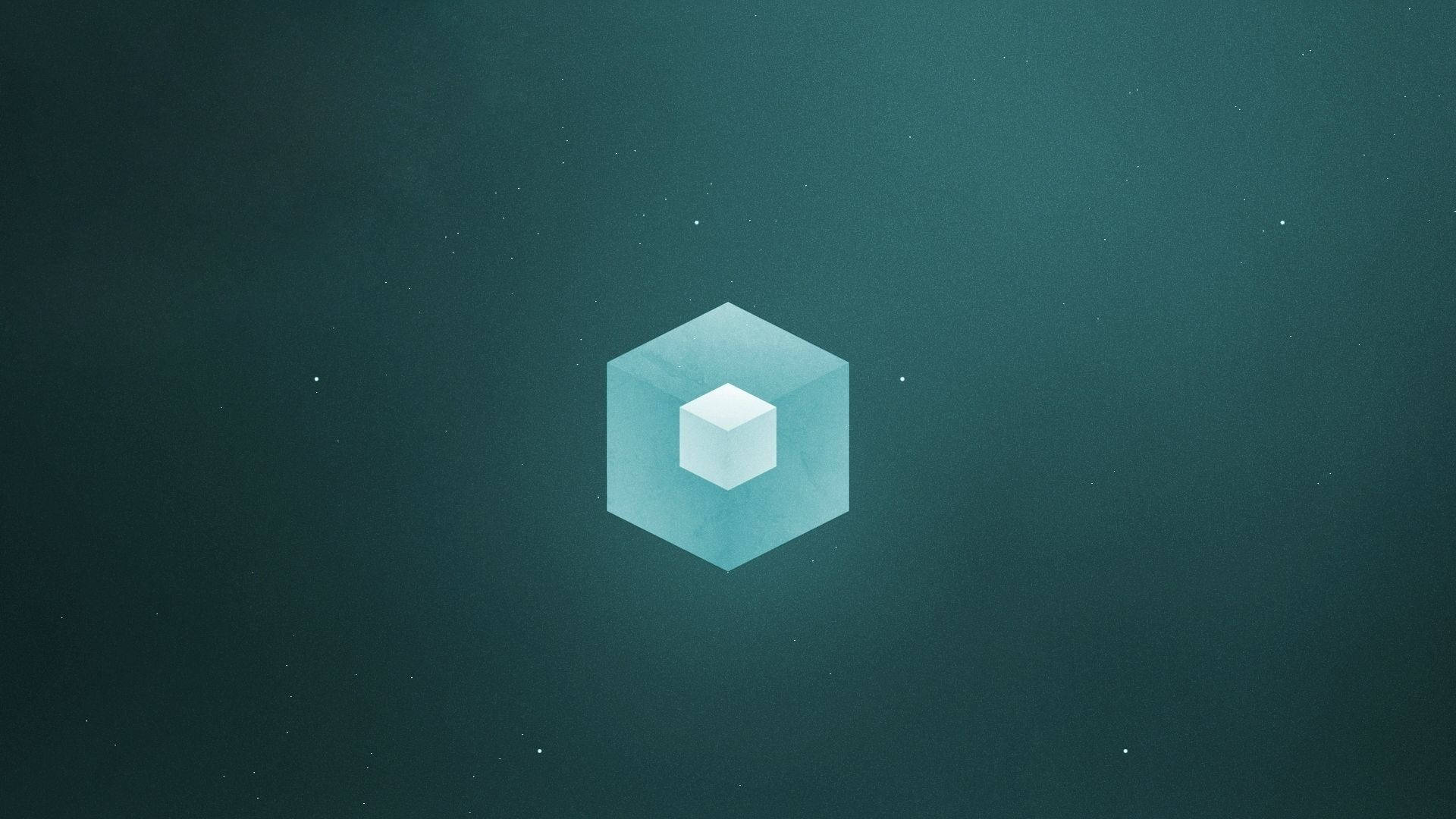 Shapes 桌布 壁紙 — 一個發光的半透明立方體，內部有一個較小的白色立方體，漂浮在深藍綠色星空背景上。
