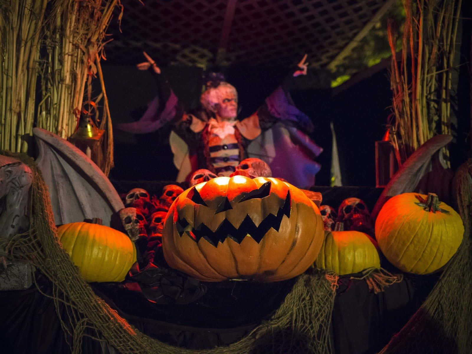 Halloweentown 桌布 壁紙 — 一個發光的南瓜燈，帶有鋸齒狀牙齒，坐在被乾草捆和女巫形象包圍的頭骨上，構成一個黑暗的萬聖節展示。