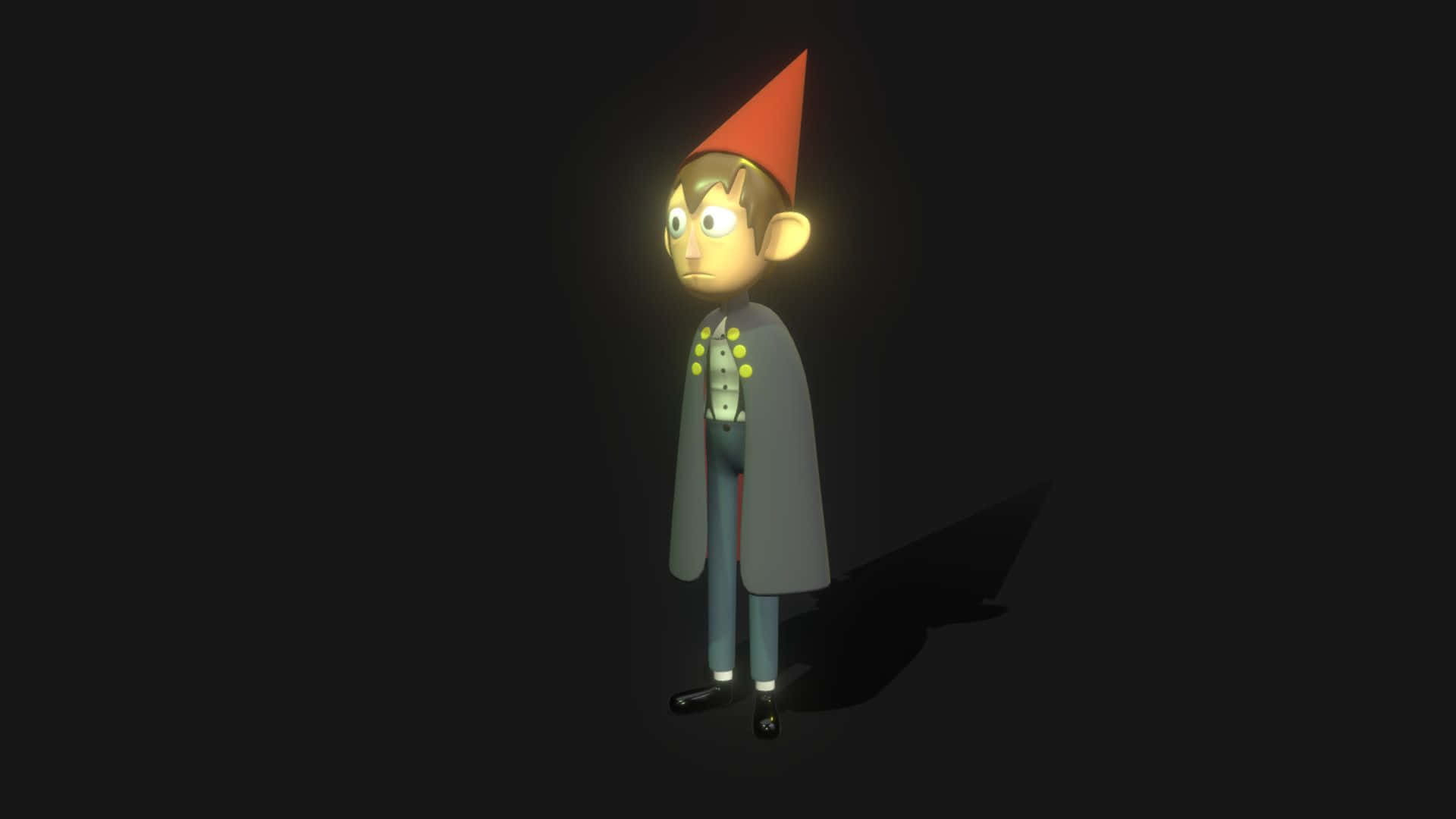 over the garden wall 桌布 壁紙 — 一個發光的卡通地精戴著紅帽，獨自站在黑暗中，投下長長的影子。