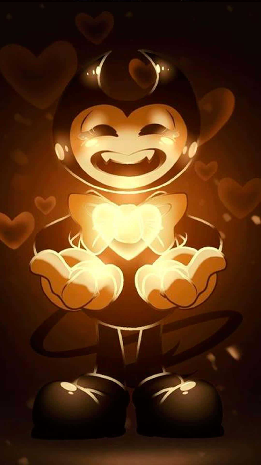 Bendy 桌布 壁紙 — 一個發光的卡通角色，咧嘴大笑，眼睛呈心形，手持一顆閃耀的心，周圍漂浮著心形，籠罩在溫暖的琥珀色光芒中。