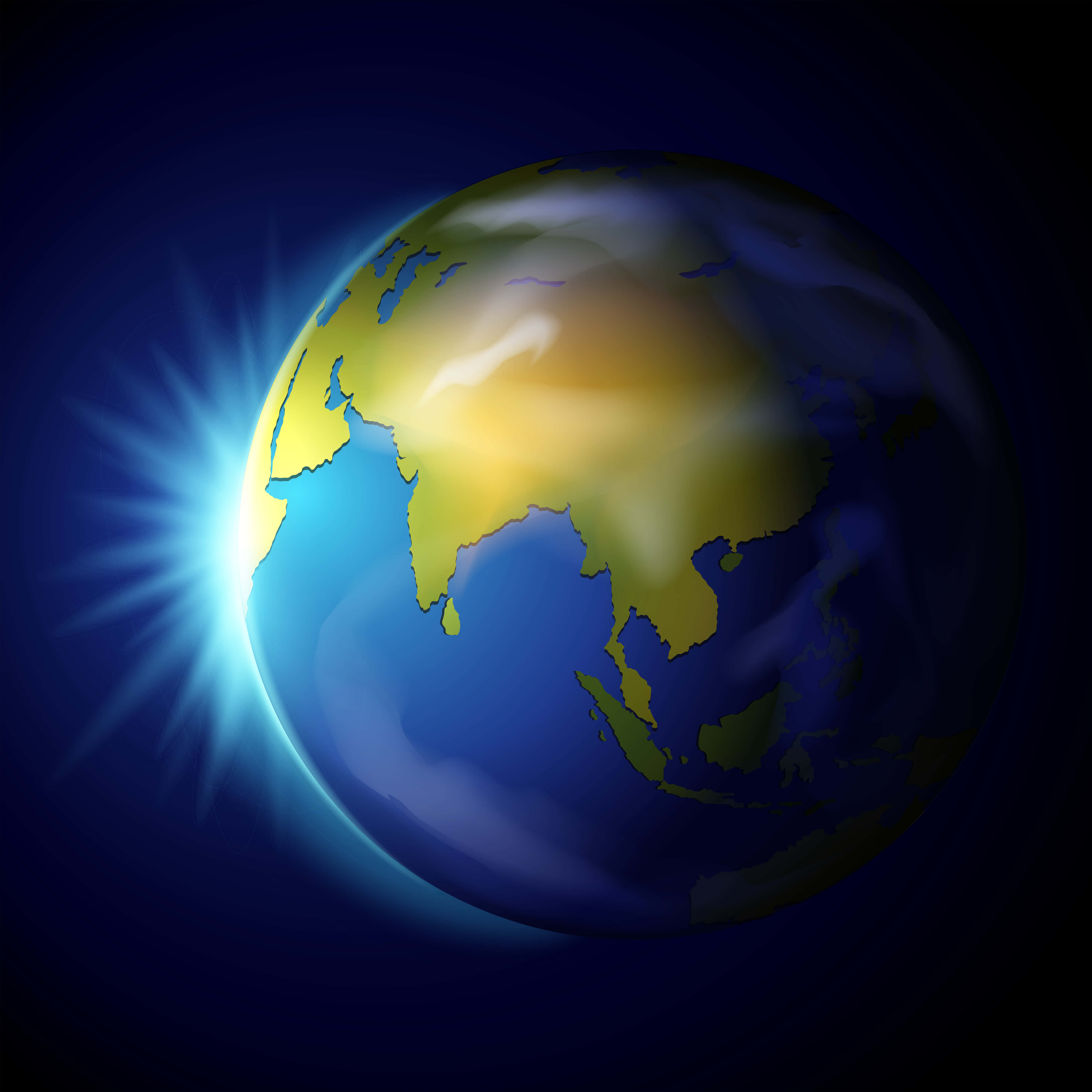 Blue Planet 桌布 壁紙 — 一個發光的地球，亞洲被燦爛的太陽爆發照亮，背景是深邃的宇宙藍色。