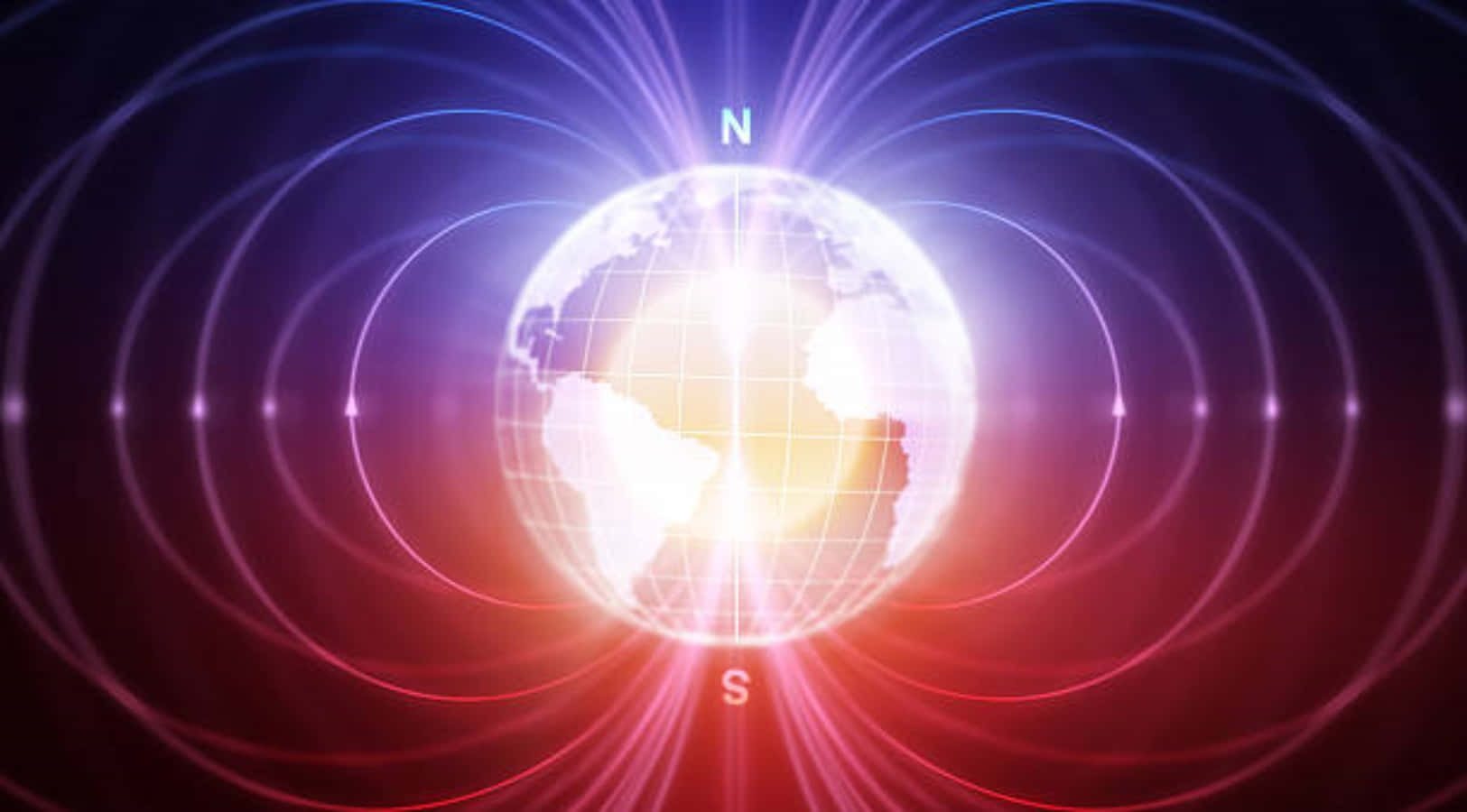 Magnetic Field 桌布 壁紙 — 一個發光的地球儀，帶有向外輻射的磁場線，呈現鮮豔的紅色和藍色色調，背景為深色。