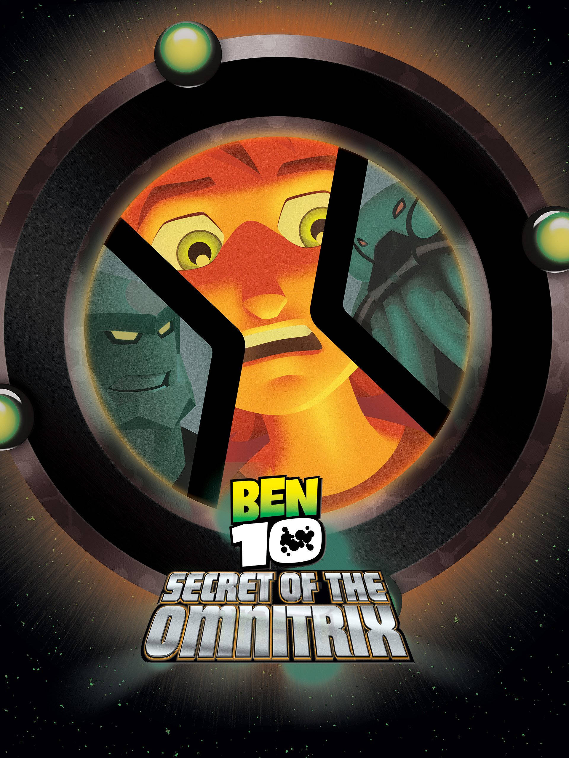 Ben 10 Omnitrix 桌布 壁紙 — 一個發光的外星人面孔透過圓形裝置窺視，另外兩個外星人面孔在星空的背景下以分段形式可見。