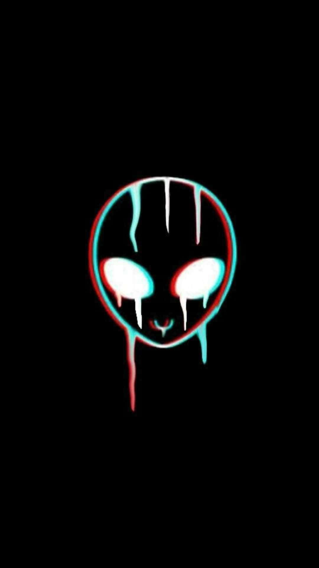Cartoon Alien 桌布 壁紙 — 一個發光的外星人頭部，帶有滴落的紅色和青色霓虹輪廓，背景為黑色。