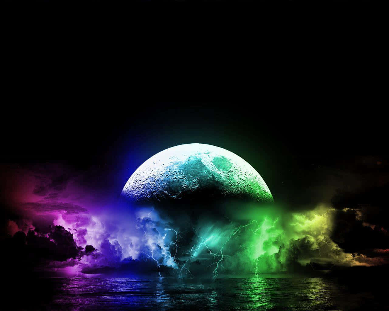 Really Cool 桌布 壁紙 — 一個發光的外星月亮懸浮在暴風雨的海面上，紫色和綠色的閃電照亮了烏雲。