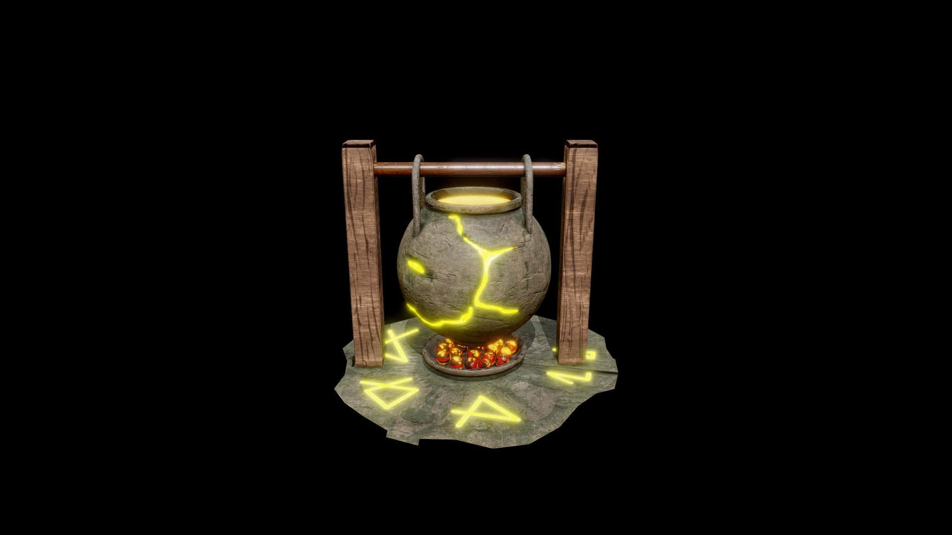 The Leaky Cauldron 桌布 壁紙 — 一個發光的大鍋，帶有黃色閃電裂紋，放置在帶有發光符文和發光球體的石板上。