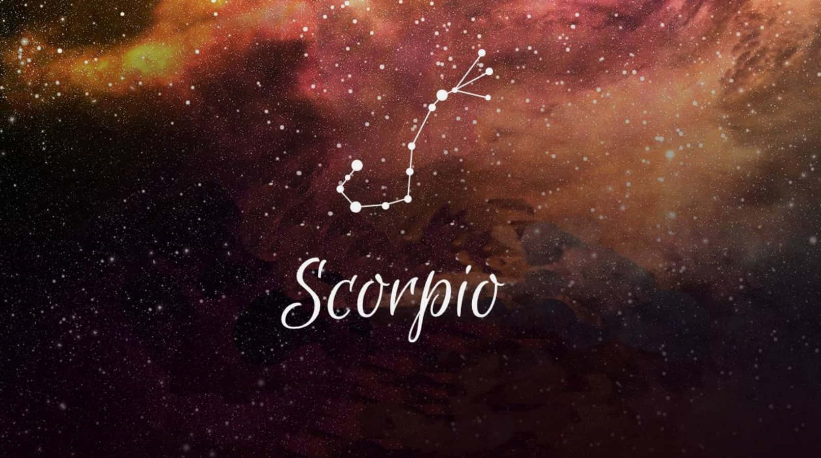 Scorpio 桌布 壁紙 — 一個發光的天蠍座星座，以白色勾勒，背景是充滿活力的宇宙星雲，呈現紅色、橙色和深紫色。