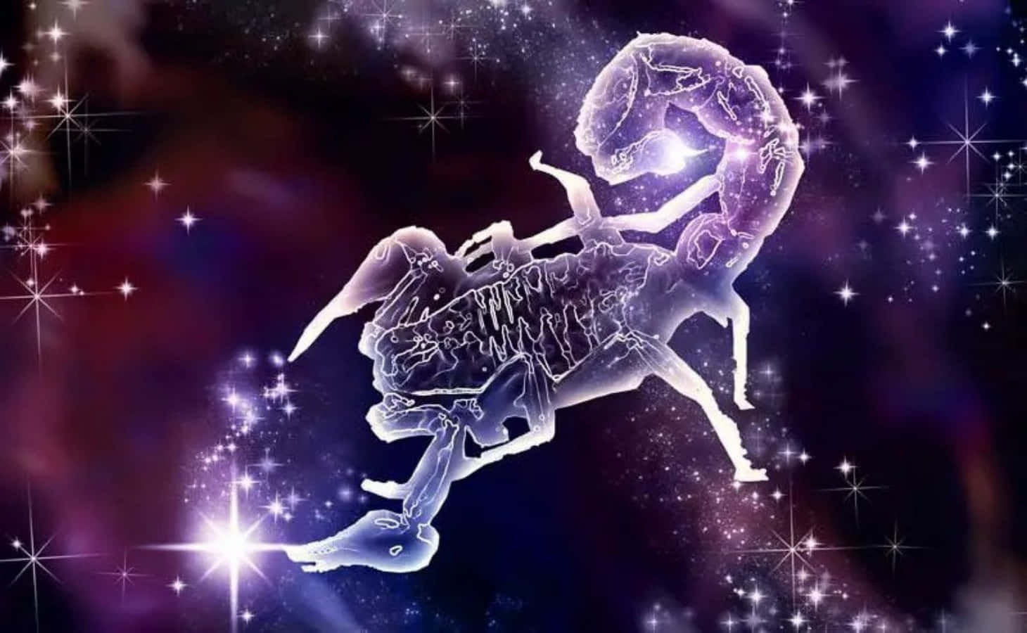 天蠍座 桌布 壁紙 — 一個發光的天體天蠍座星座，以白色光線勾勒，背景是繁星點點的紫色和藍色宇宙。
