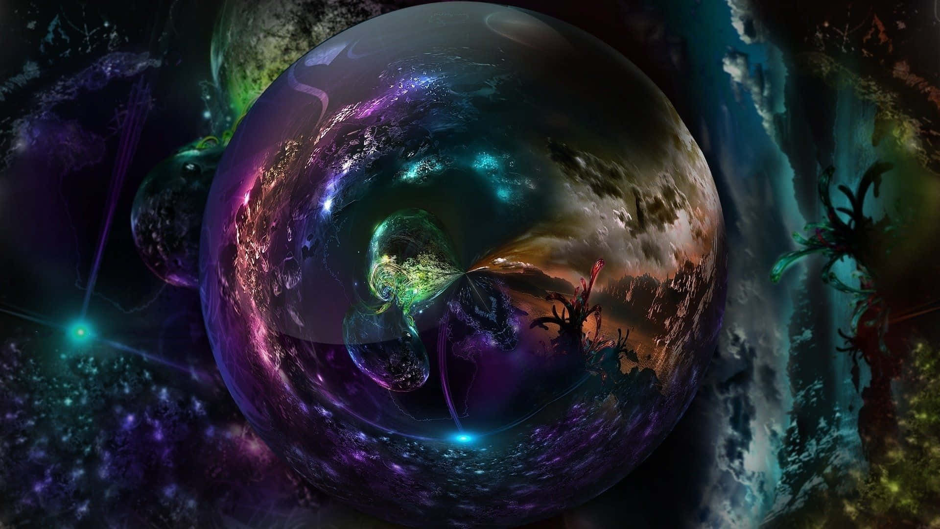 Crystal Ball 桌布 壁紙 — 一個發光的宇宙球體在黑暗的星空背景下反射出超現實的外星景觀和充滿活力的星雲。