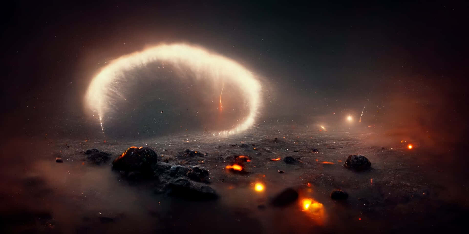 Midjourney 桌布 壁紙 — 一個發光的宇宙環懸浮在岩石外星景觀之上，散落著熾熱的餘燼和遙遠的流星劃過黑暗的天空。