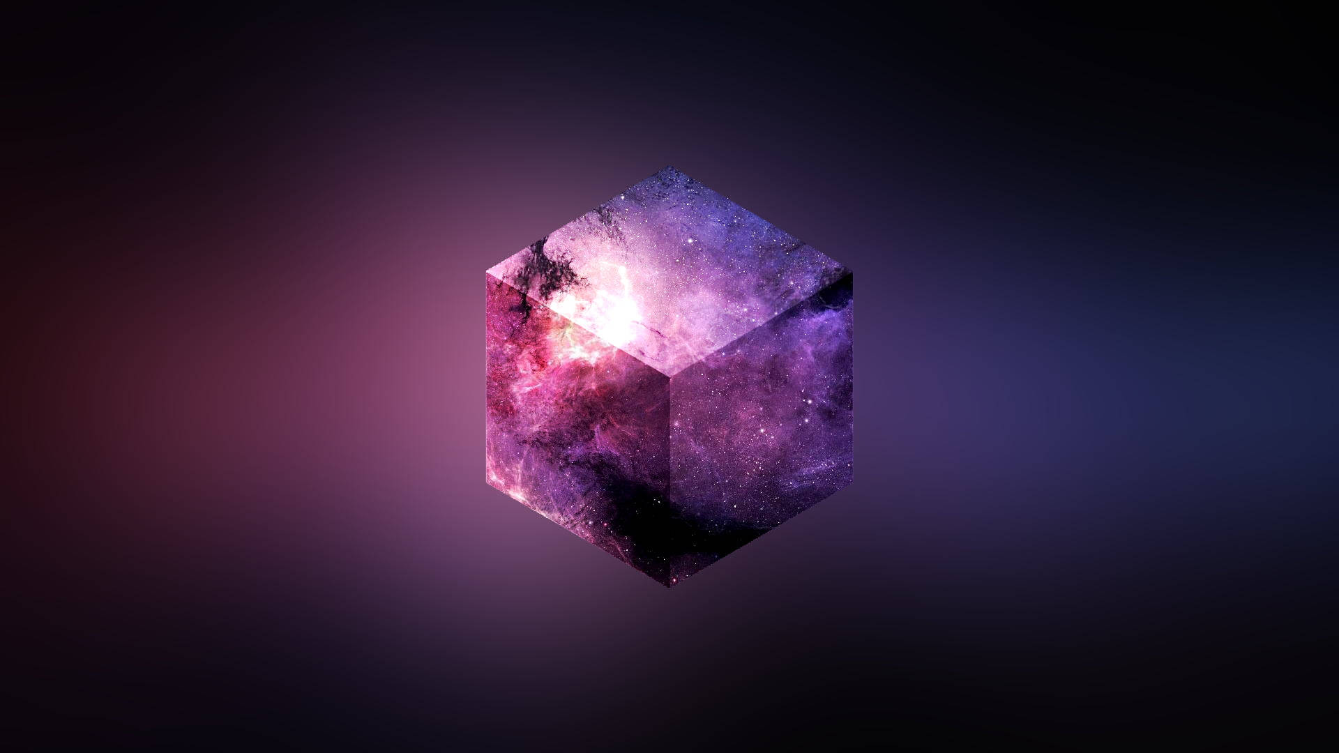 幾何 桌布 壁紙 — 一個發光的宇宙立方體，充滿了充滿活力的星雲和星星，漂浮在紫色和粉紅色的漸變背景上。