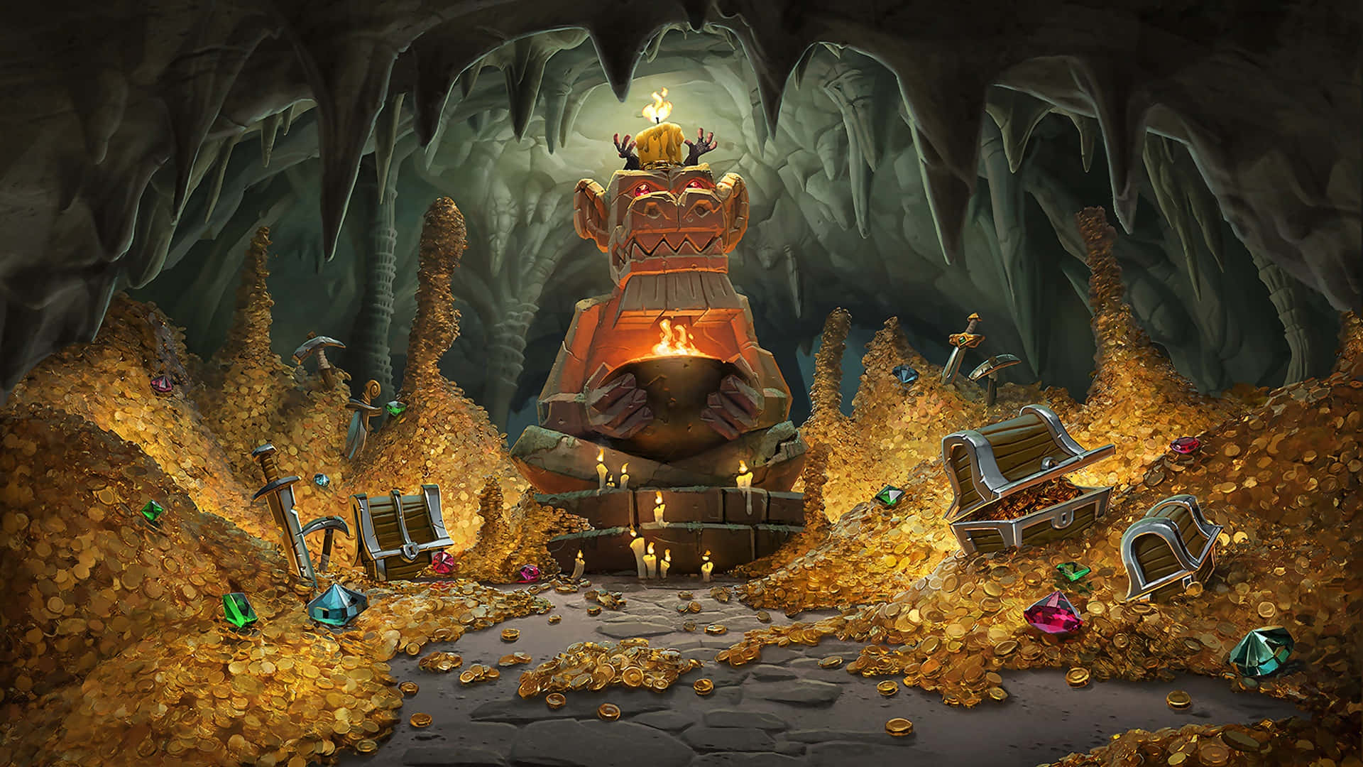 Treasure 桌布 壁紙 — 一個發光的寶箱放在一個充滿金幣和寶石的洞穴中的石座上。