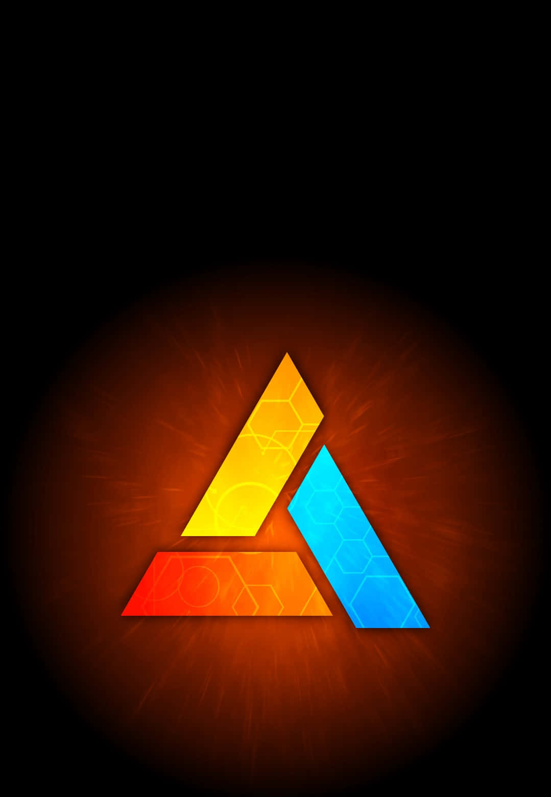 Abstergo 桌布 壁紙 — 一個發光的幾何標誌，帶有黃色、藍色和橙色的三角形，在深色背景上散發光芒。