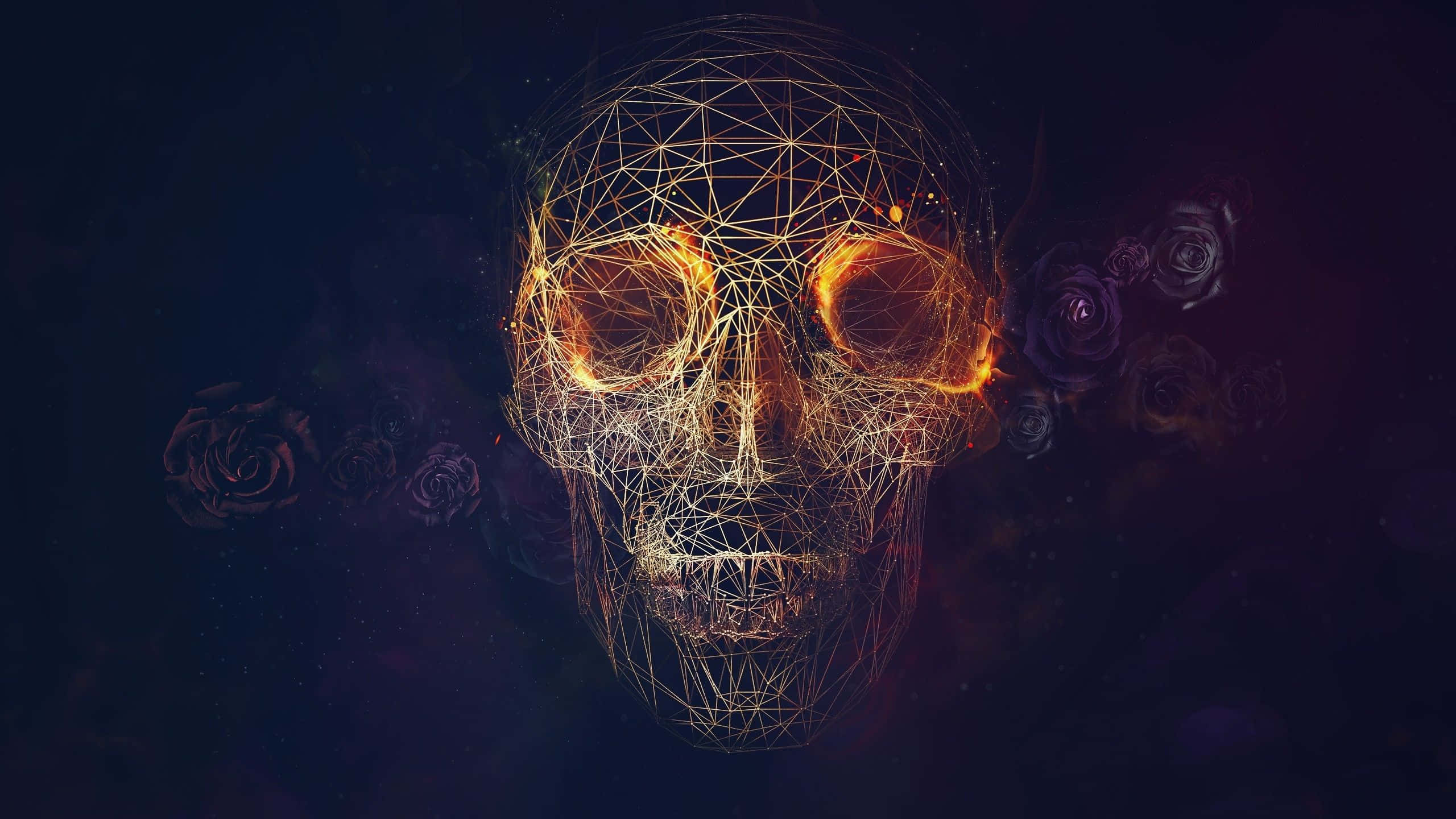 skulls 桌布 壁紙 — 一個發光的幾何頭骨，帶有火熱的眼睛，在黑暗的玫瑰之間漂浮，背景是宇宙夜空。