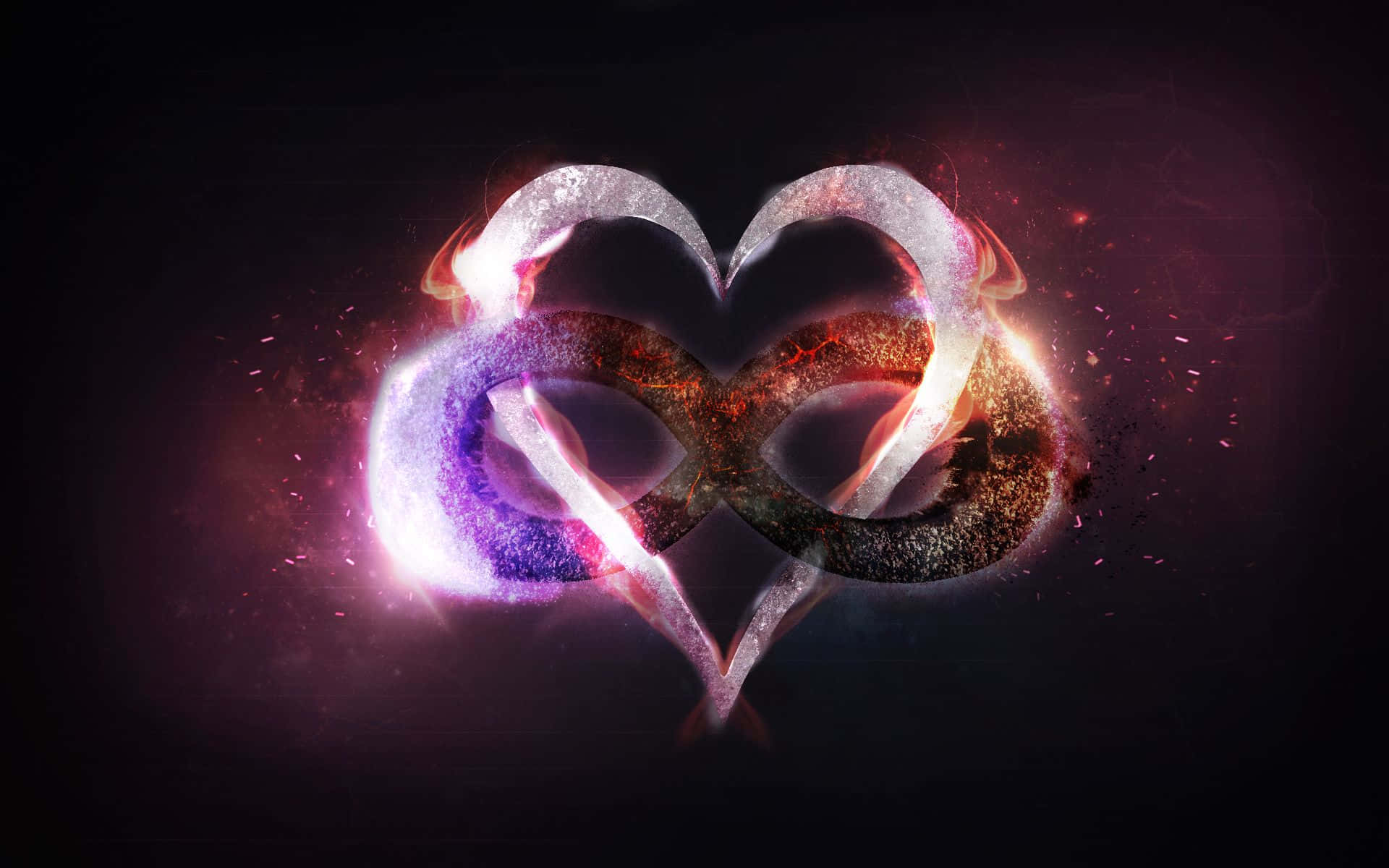 infinity 桌布 壁紙 — 一個發光的愛心形無限符號，在黑暗的宇宙背景下散發出熾熱的紫色和橙色火花。