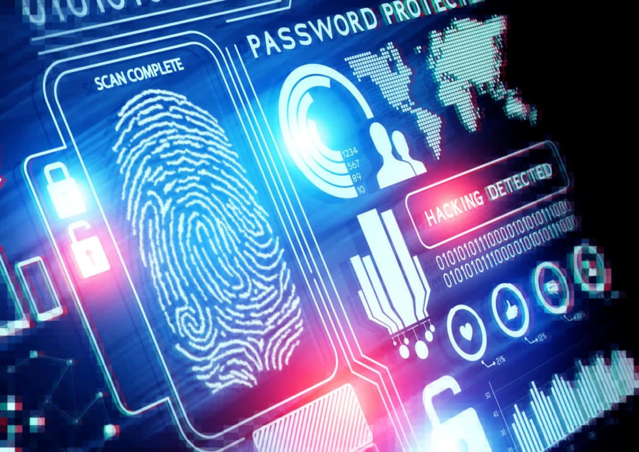 security 桌布 壁紙 — 一個發光的數位介面顯示指紋掃描，帶有黑客攻擊警報和全球數據流，呈現霓虹藍和粉紅色調。
