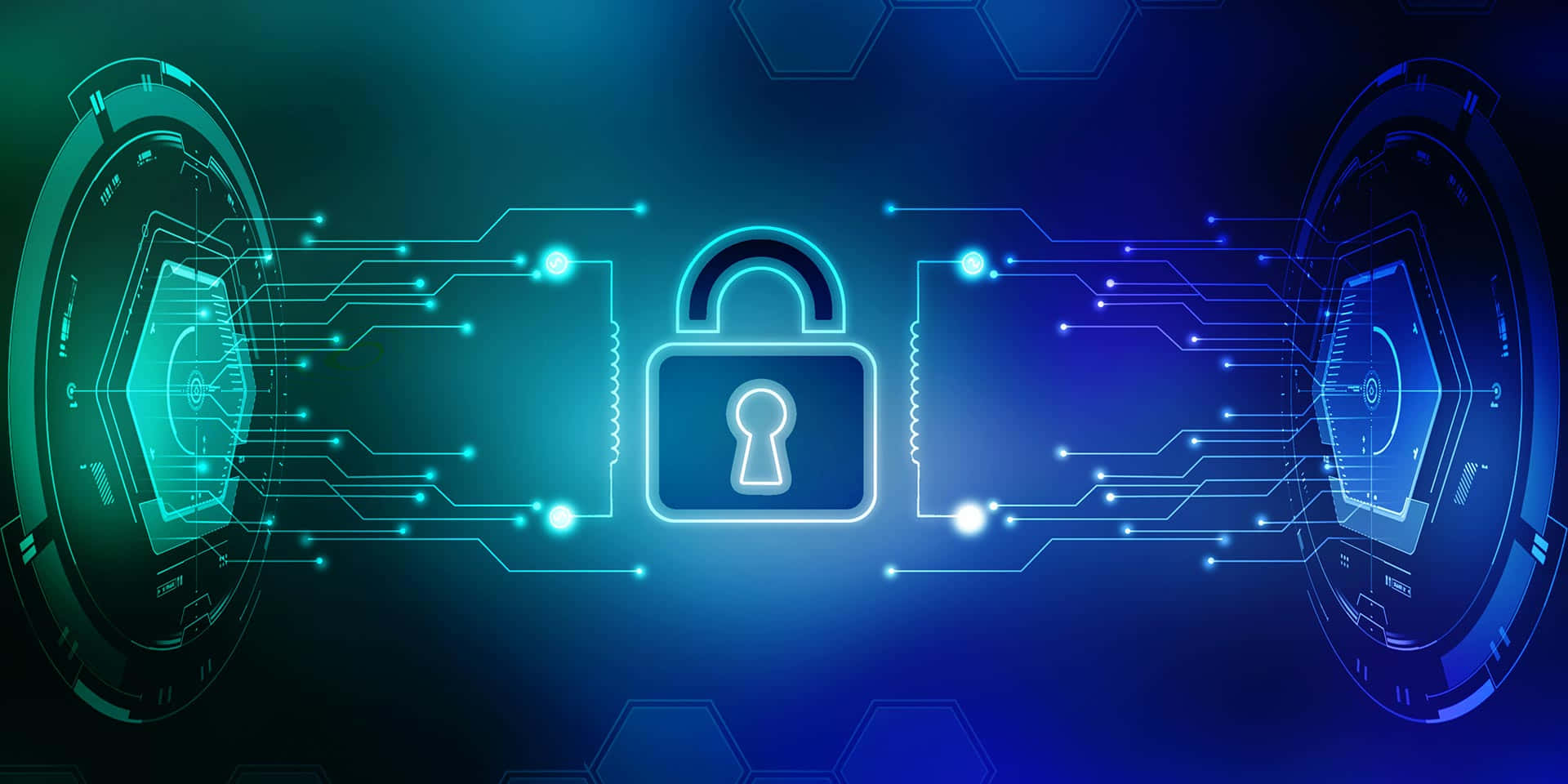 security 桌布 壁紙 — 一個發光的數位掛鎖，位於未來感電路和六角形科技介面之間，採用電光藍和青綠色。