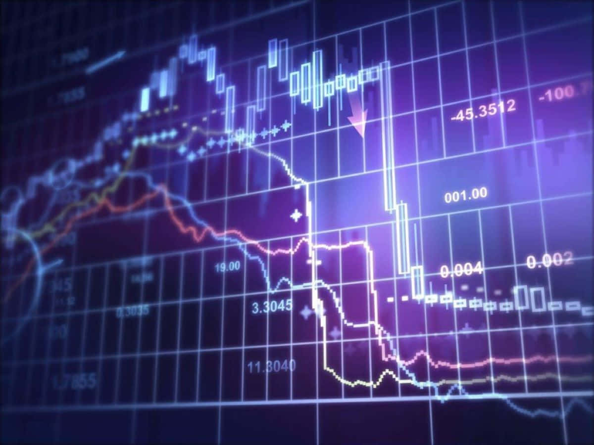 Trading 桌布 壁紙 — 一個發光的數位股票圖表，帶有急劇下跌的線條和箭頭，背景為紫色網格。