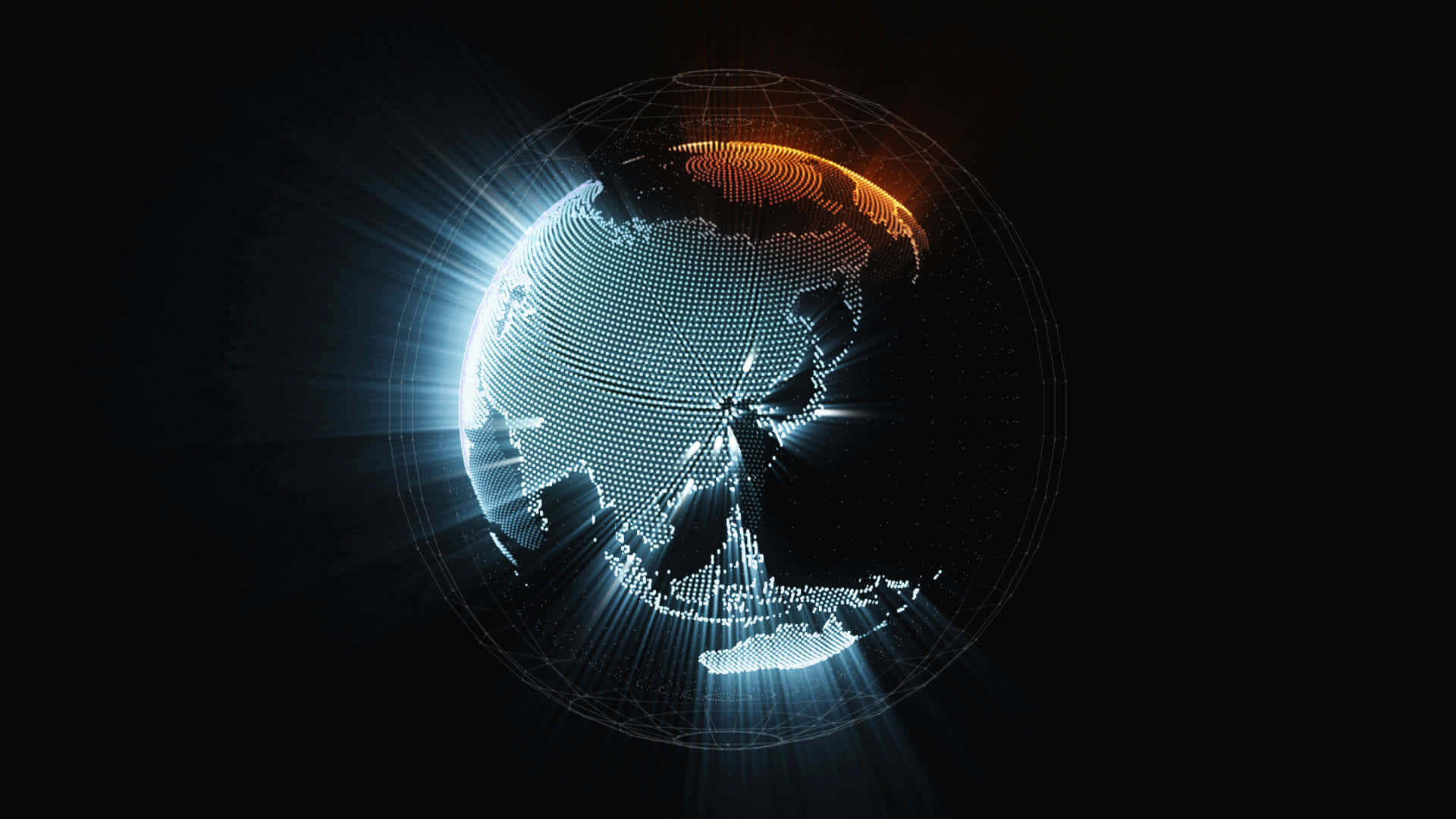 World 桌布 壁紙 — 一個發光的數碼地球儀，表面散發出藍色和橙色的光束，背景為深色。