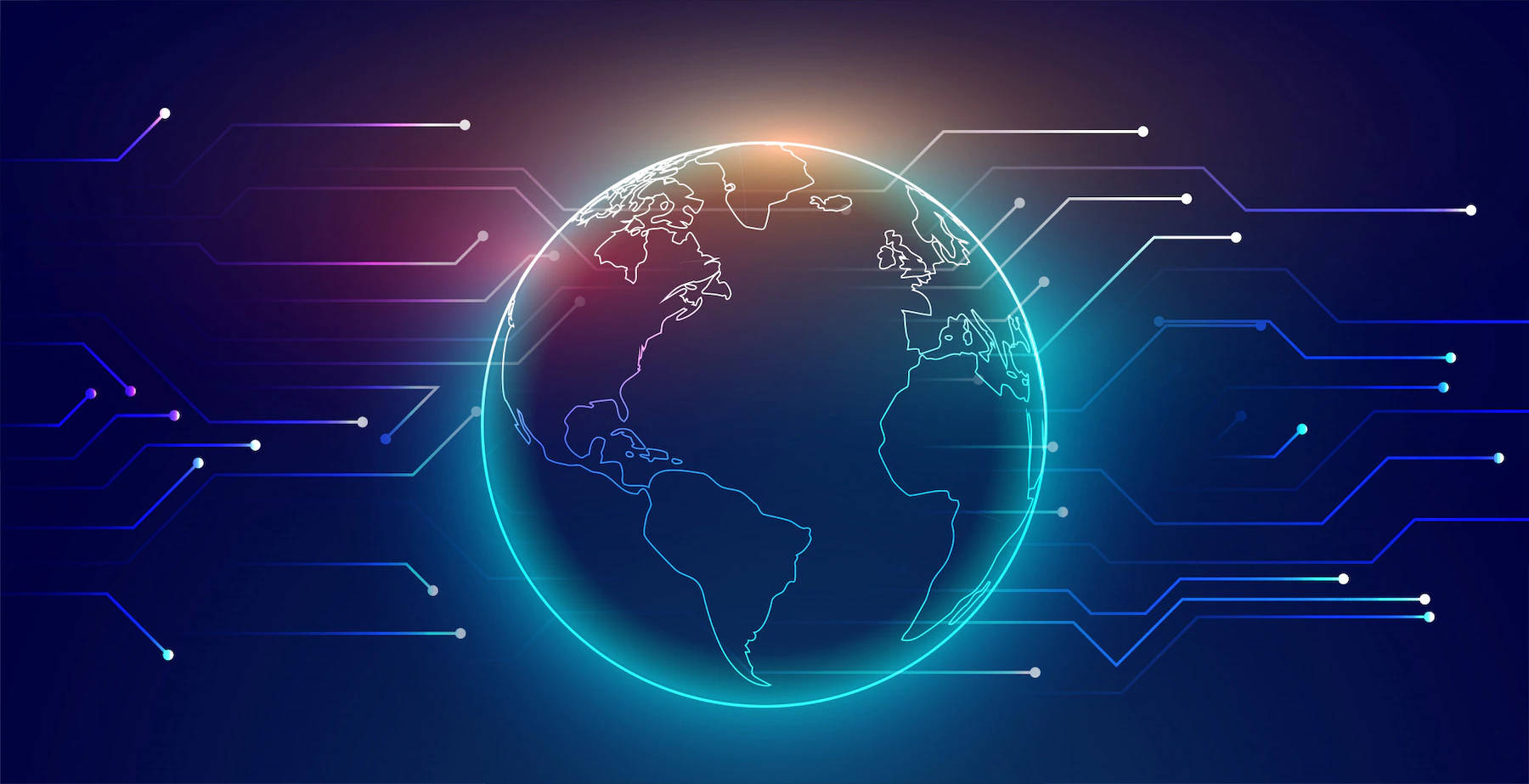 globe 桌布 壁紙 — 一個發光的數碼地球儀，被霓虹電路線包圍，背景為深藍色。