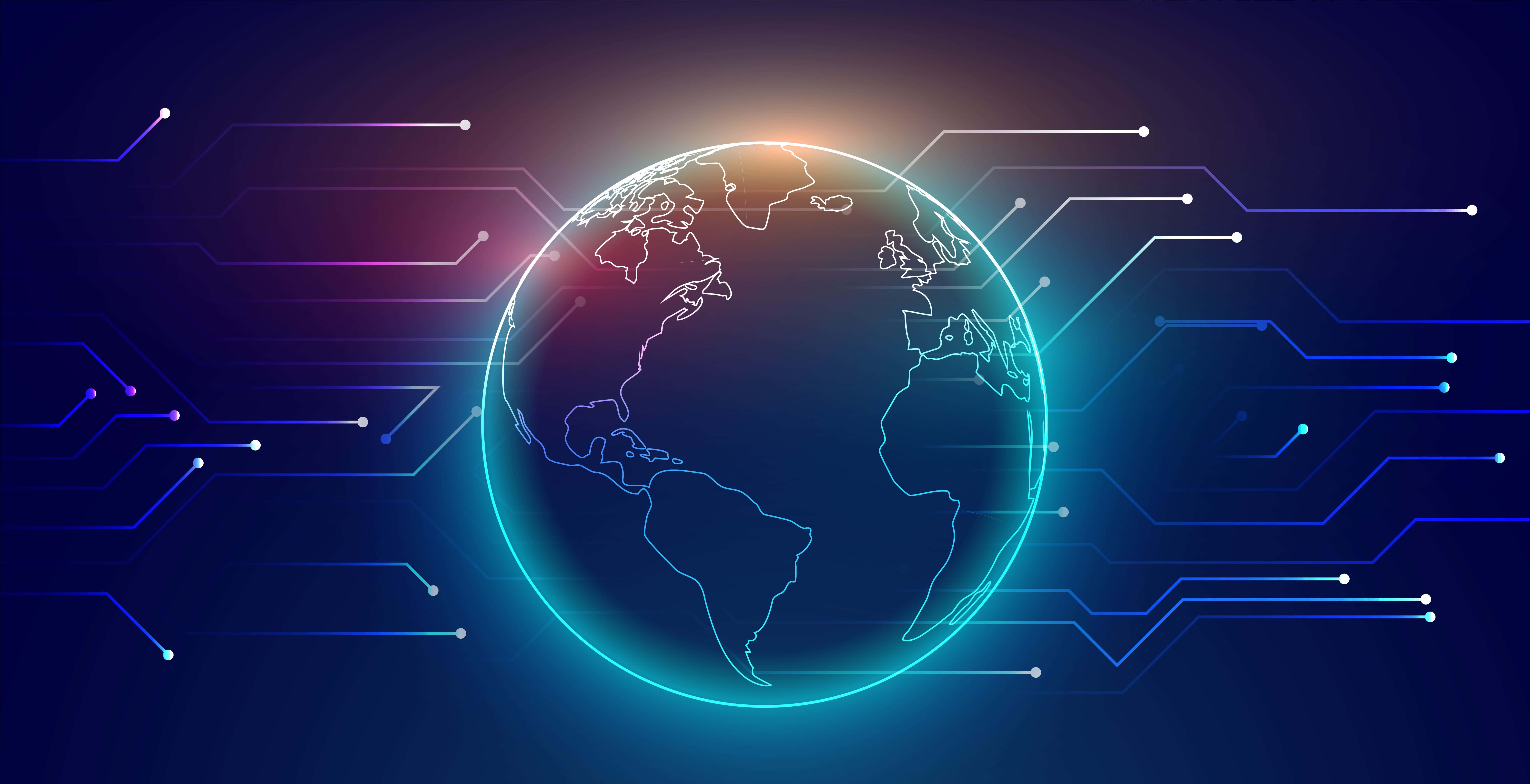 Global 桌布 壁紙 — 一個發光的數碼地球儀，被霓虹電路線包圍，背景為深藍色漸變。