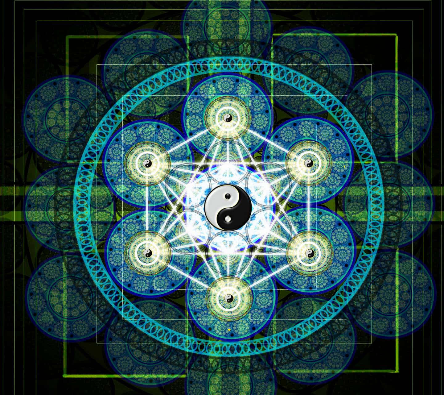 Sacred Geometry 桌布 壁紙 — 一個發光的數碼曼陀羅，中央有陰陽圖案，周圍環繞著青綠色和綠色的發光幾何圖案和同心圓。