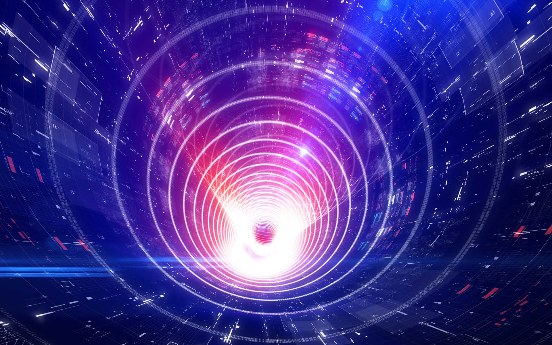 Interstellar Travel 桌布 壁紙 — 一個發光的數碼隧道，帶有粉紅色和白色光的同心環，在深藍色科技背景下退入明亮核心。