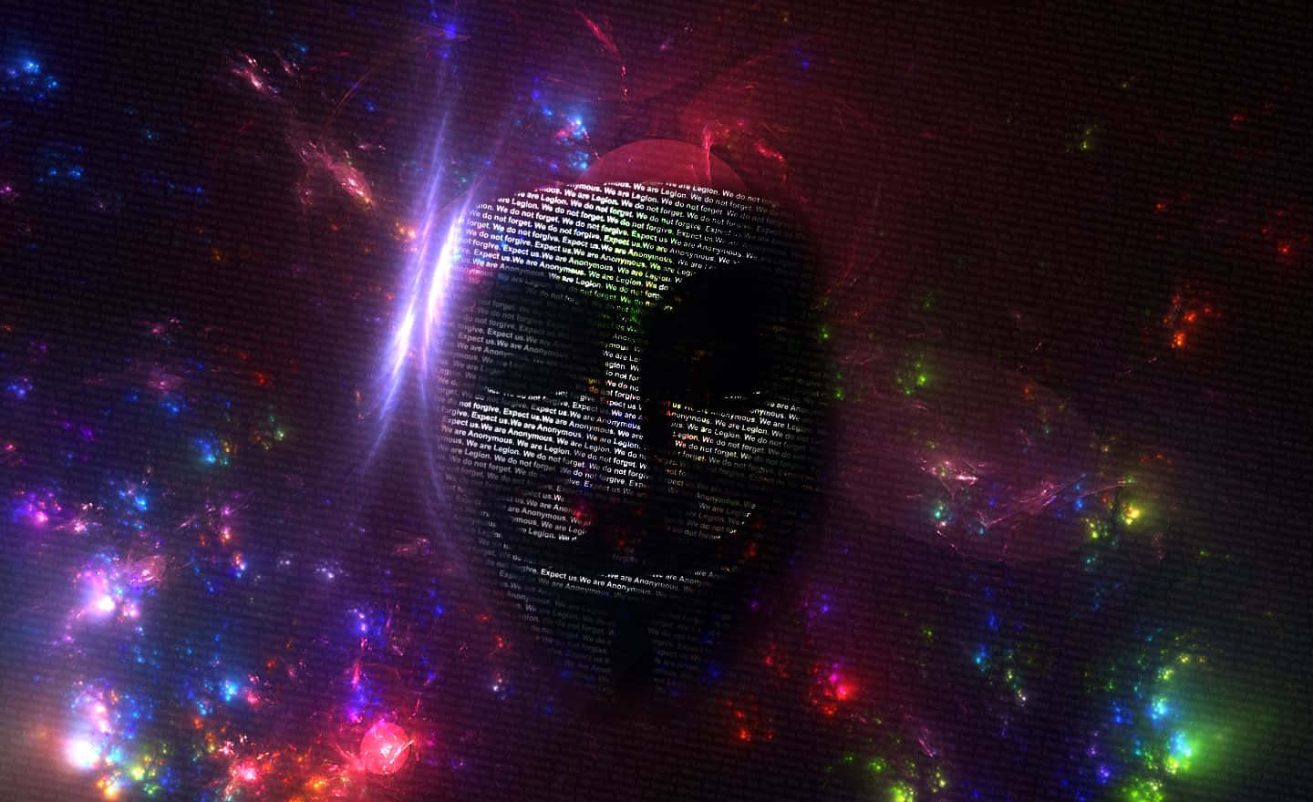 Anonymous 桌布 壁紙 — 一個發光的數碼面孔從宇宙星雲中浮現，伴隨著鮮豔的星爆和漂浮的程式碼片段。