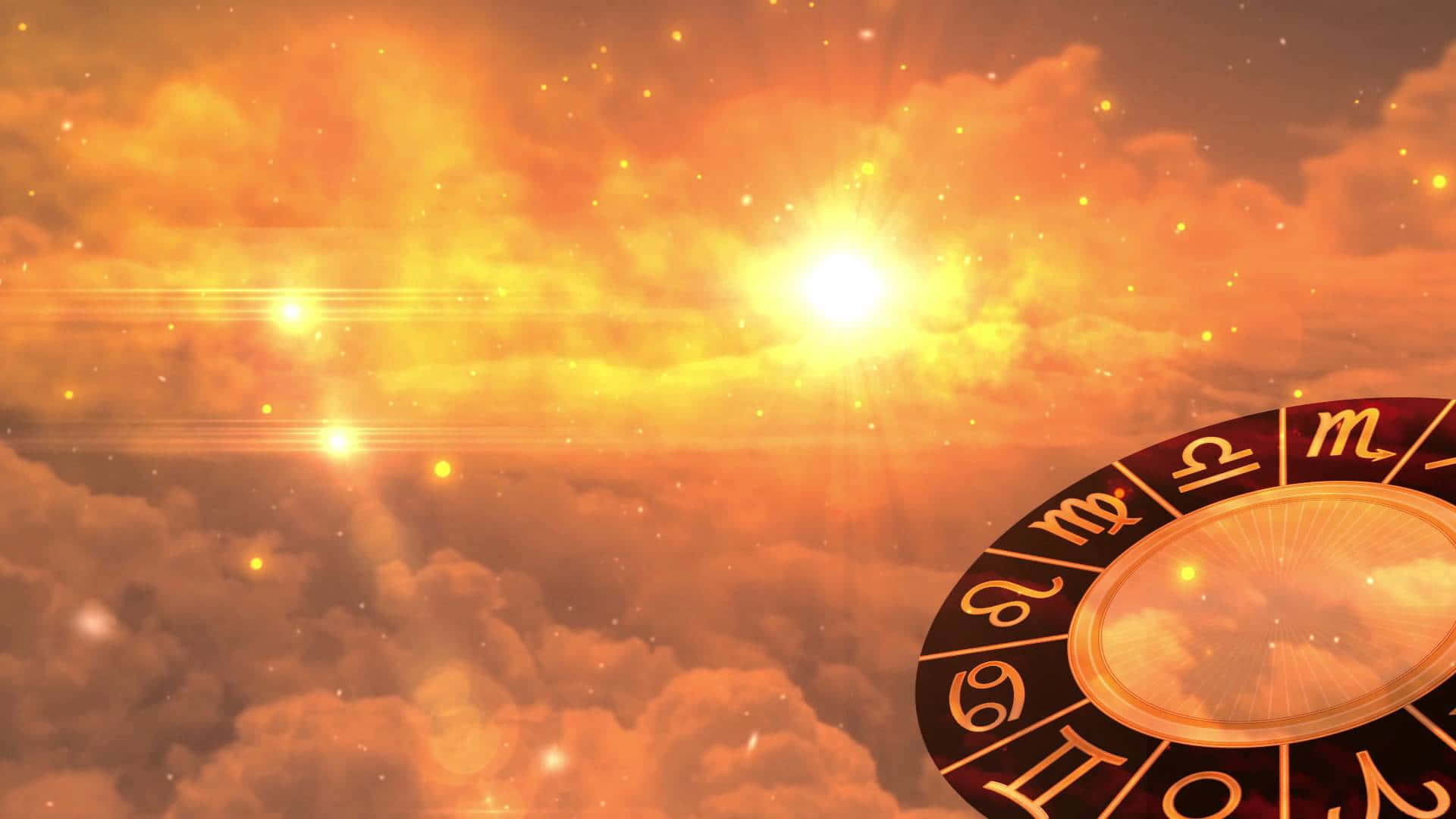 星座 桌布 壁紙 — 一個發光的星座輪盤，映襯著熾熱的日落天空，伴隨著燦爛的陽光和散落的星星。