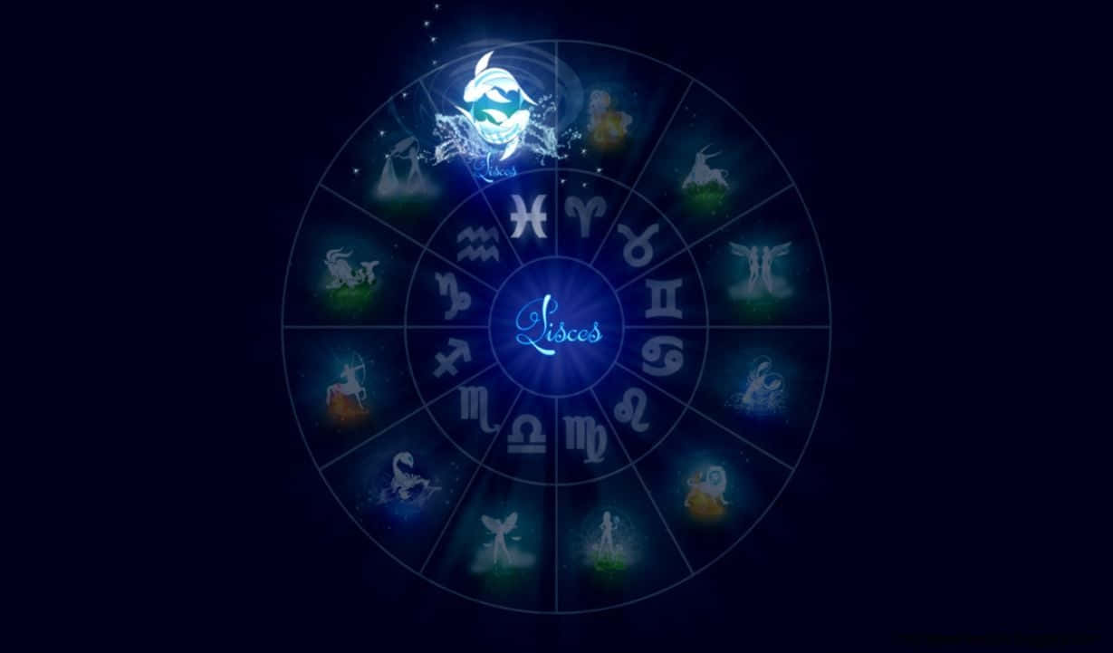 雙魚座 桌布 壁紙 — 一個發光的星座輪盤，頂部突出顯示水瓶座，背景為黑暗的宇宙。