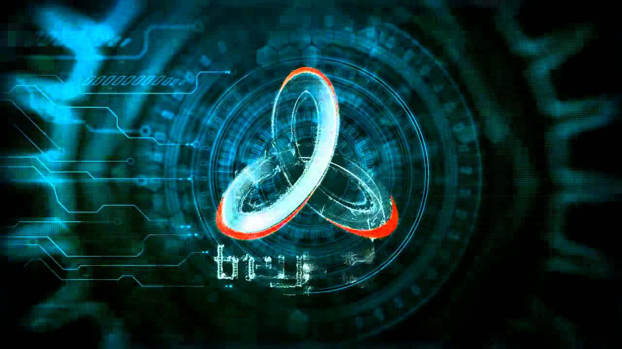 Treyarch 桌布 壁紙 — 一個發光的未來主義三位一體符號在黑暗的數字電路背景上閃爍著藍色和紅色的光芒。