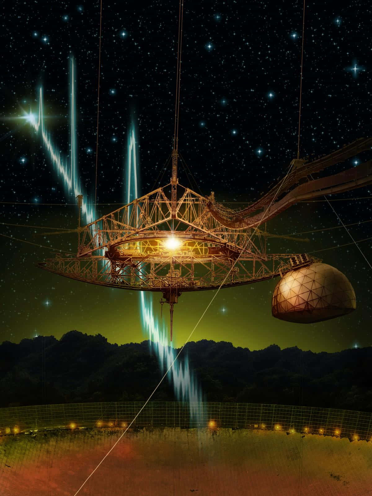 Interstellar Travel 桌布 壁紙 — 一個發光的未來主義天文台懸浮在山區景觀之上，下方是星空和極光的夜空。