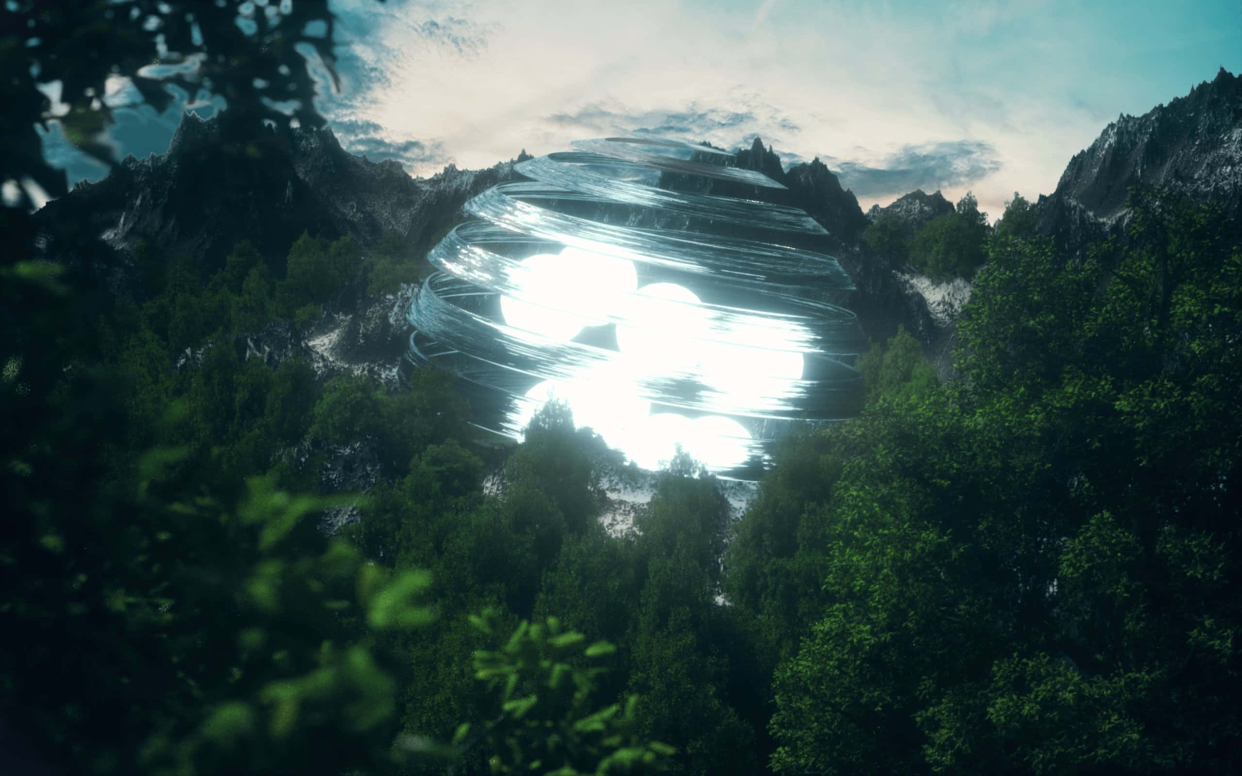 Realism 桌布 壁紙 — 一個發光的未來感圓頂漂浮在積雪山脈和茂密綠色森林之間，天空多雲。
