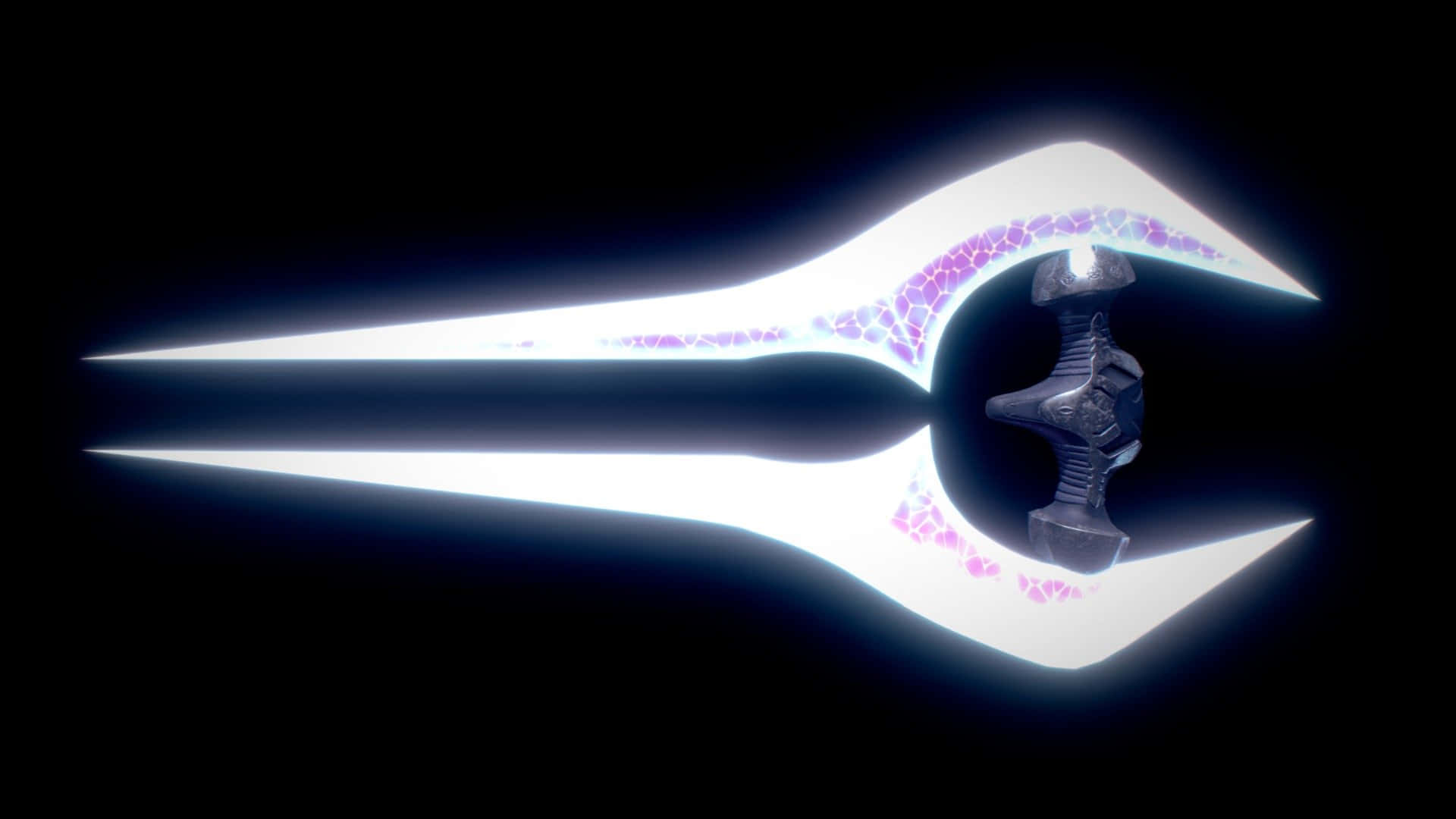 Halo Energy Sword 桌布 壁紙 — 一個發光的未來風格三叉戟，帶有紫色噼啪作響的能量，背景是黑色虛空。