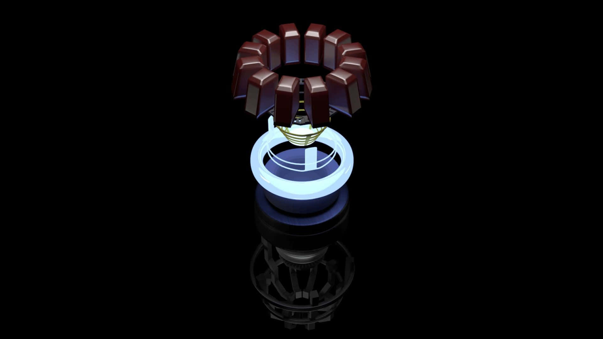 Iron Man Arc Reactor 桌布 壁紙 — 一個發光的未來風格戒指，帶有深紅色分段和藍色光脈衝，置於黑色反光表面上。