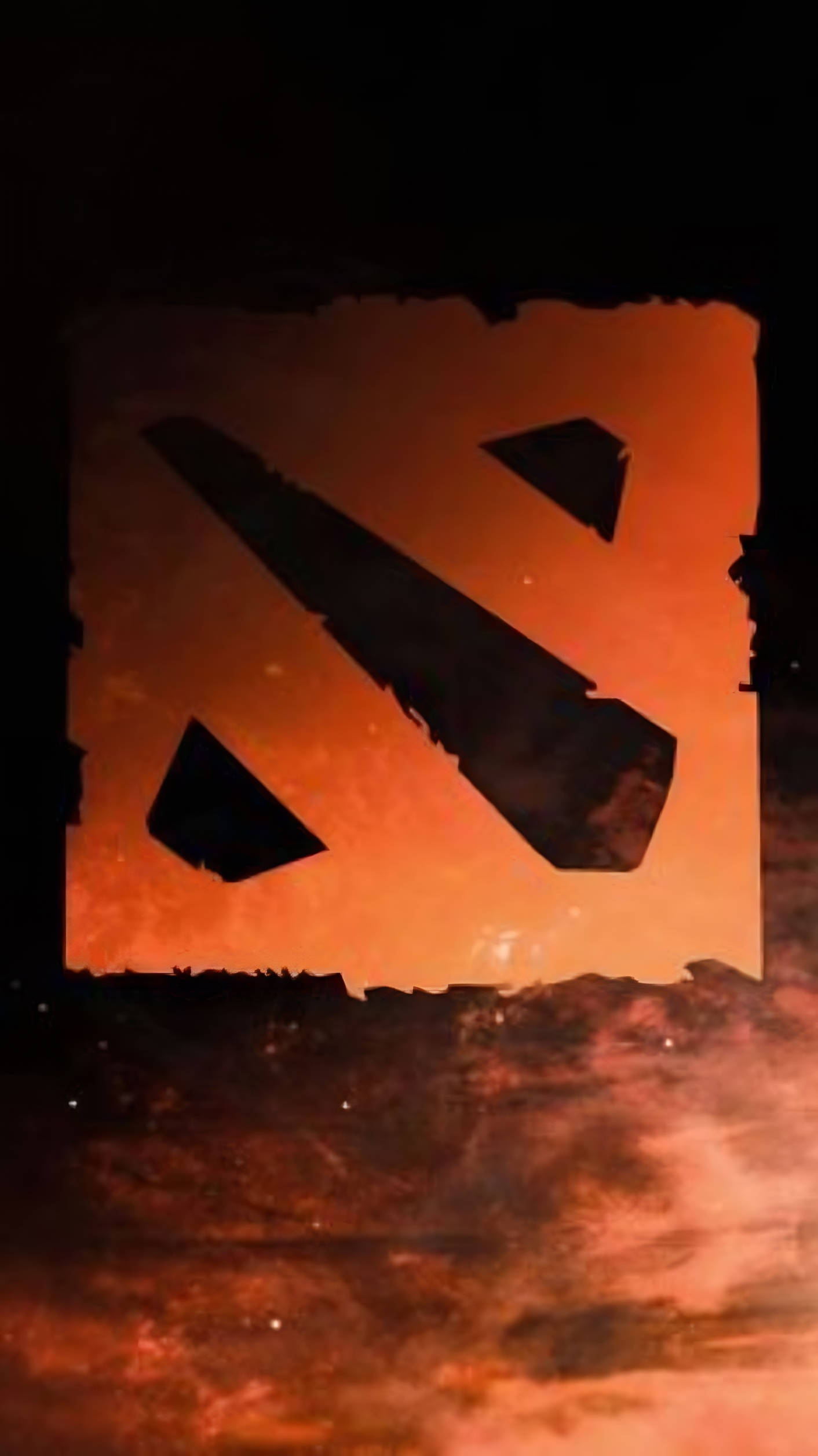 遊戲 桌布 壁紙 — 一個發光的橙色 DOTA 2 標誌從火焰般的天空中浮現，帶有鋸齒狀邊緣和黑暗剪影。