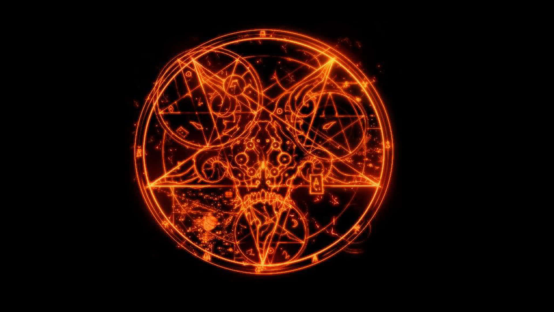 Occult 桌布 壁紙 — 一個發光的橙色五角星，帶有骷髏頭和神秘符號，在黑色虛空中散發出火焰般的能量。