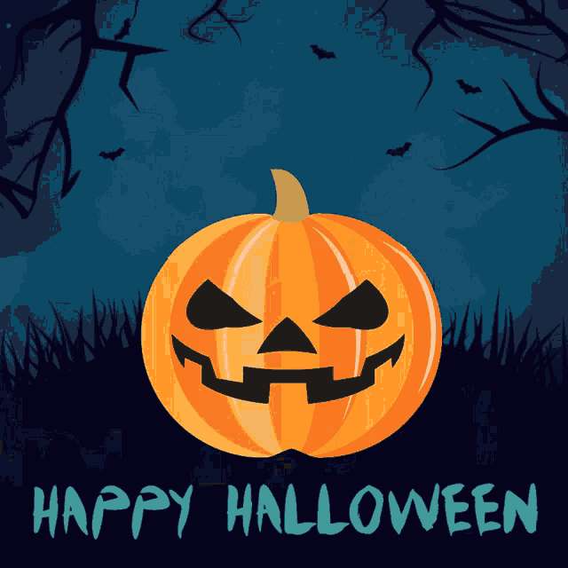 Spooky 桌布 壁紙 — 一個發光的橙色傑克南瓜燈，帶著兇惡的笑容，坐在黑暗詭異的田野中，夜空下有蝙蝠和光禿禿的樹木。