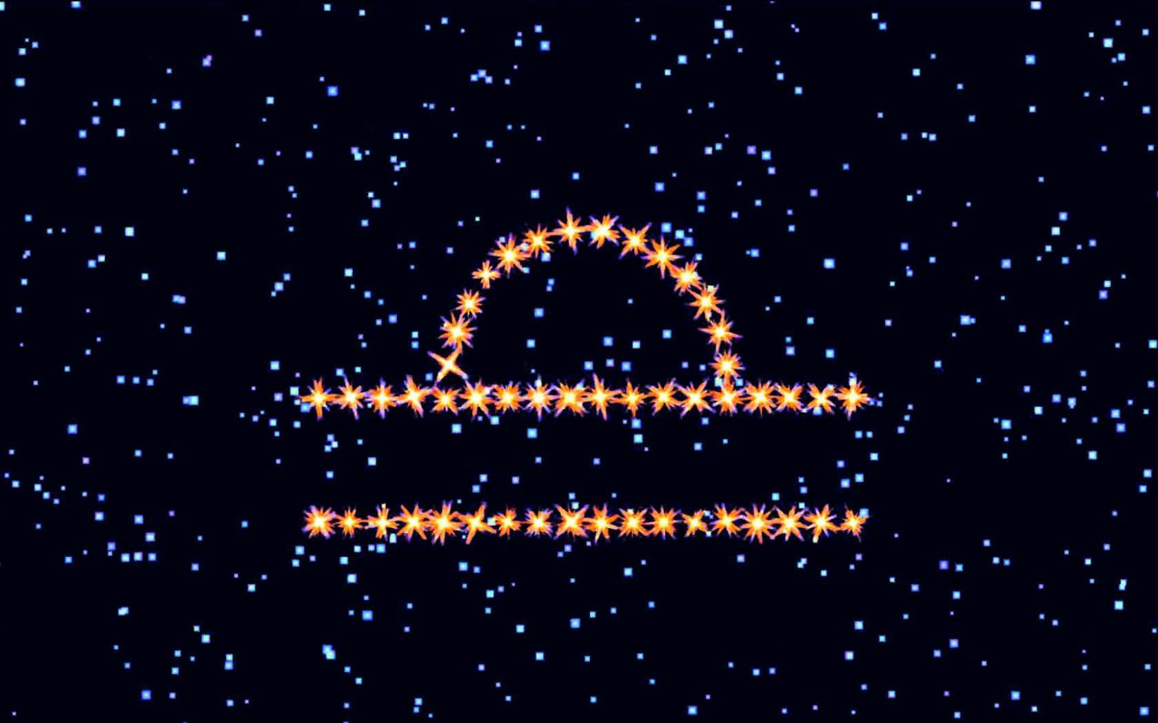 libra 桌布 壁紙 — 一個發光的橙色天秤座星座符號，由閃爍的星星在深藍色星空背景下形成。