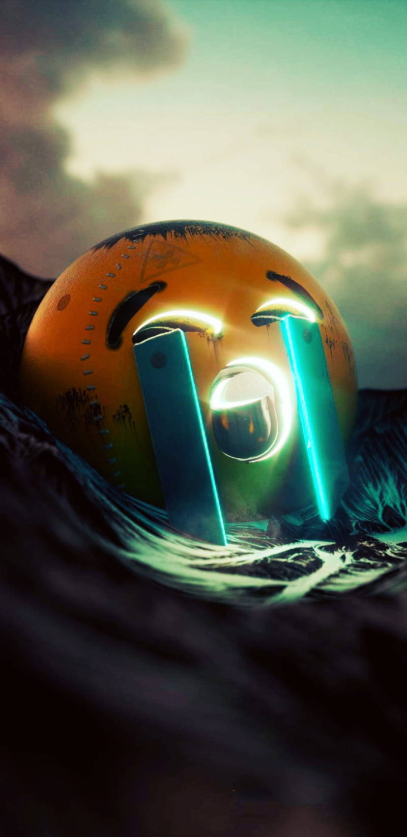 crying emoji 桌布 壁紙 — 一個發光的橙色表情符號臉孔，帶有霓虹藍色眼淚，躺在陰天天空下的黑暗波浪中。