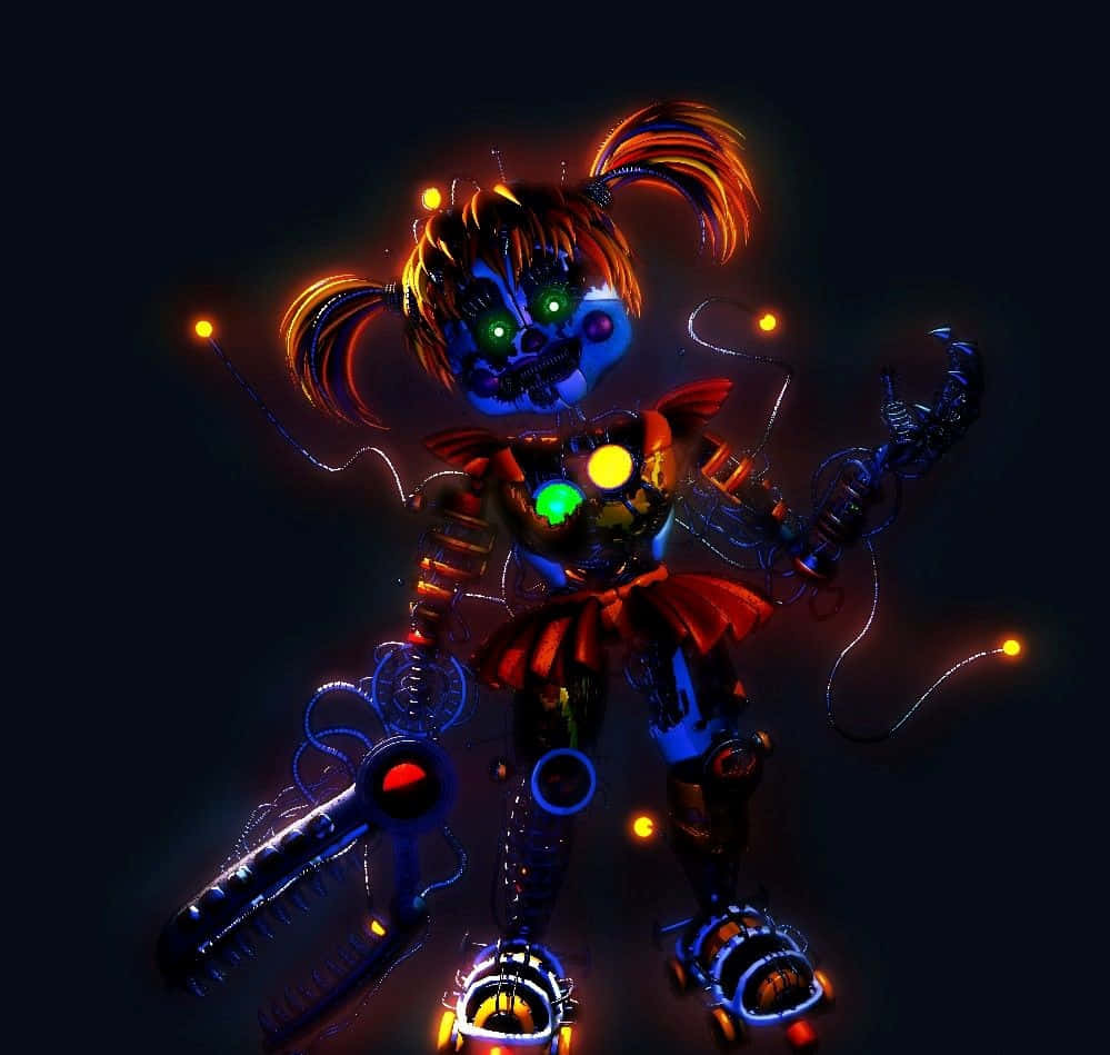 Scrap Baby 桌布 壁紙 — 一個發光的機械女孩，紮著辮子，帶著霓虹燈，站在黑暗的背景前，她的機械身體散發出電光色調。
