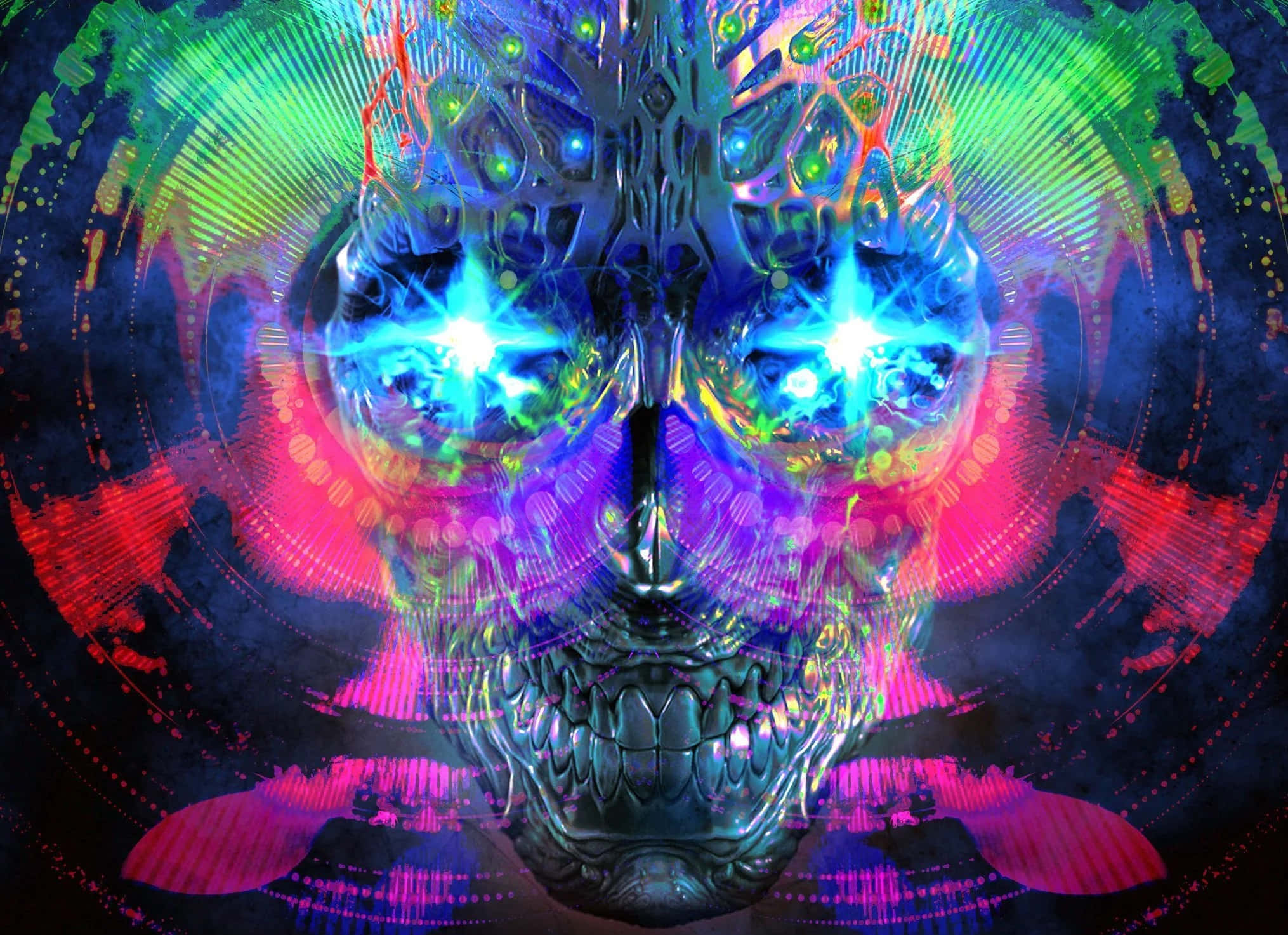 innovation 桌布 壁紙 — 一個發光的機械骷髏，帶有霓虹藍眼睛，在黑暗的宇宙背景下散發電能。