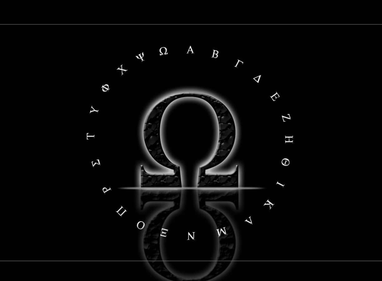 Symbolism 桌布 壁紙 — 一個發光的歐米茄符號，周圍環繞著希臘字母，背景為黑色，下方有反射表面。